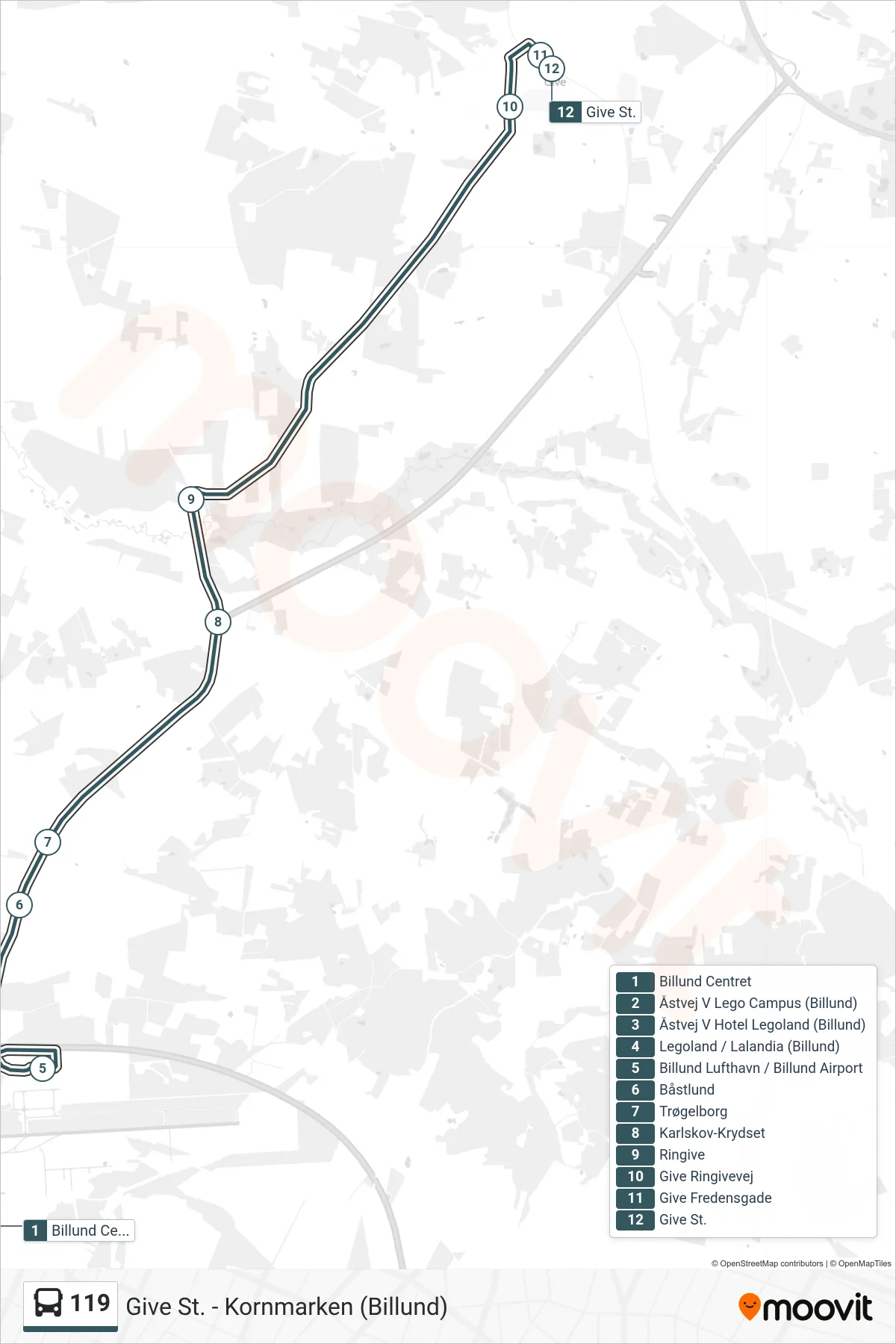119 bus Linje (Give) rute og stop på et kort