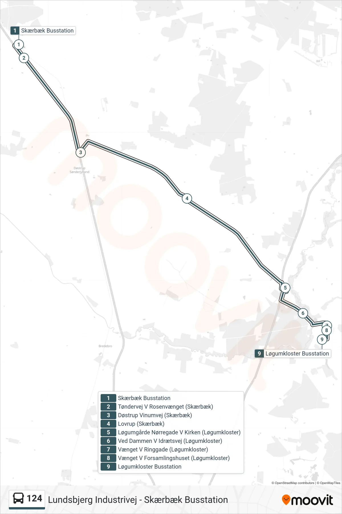 124 bus Line (Løgumkloster Busstation) route and stops on a map