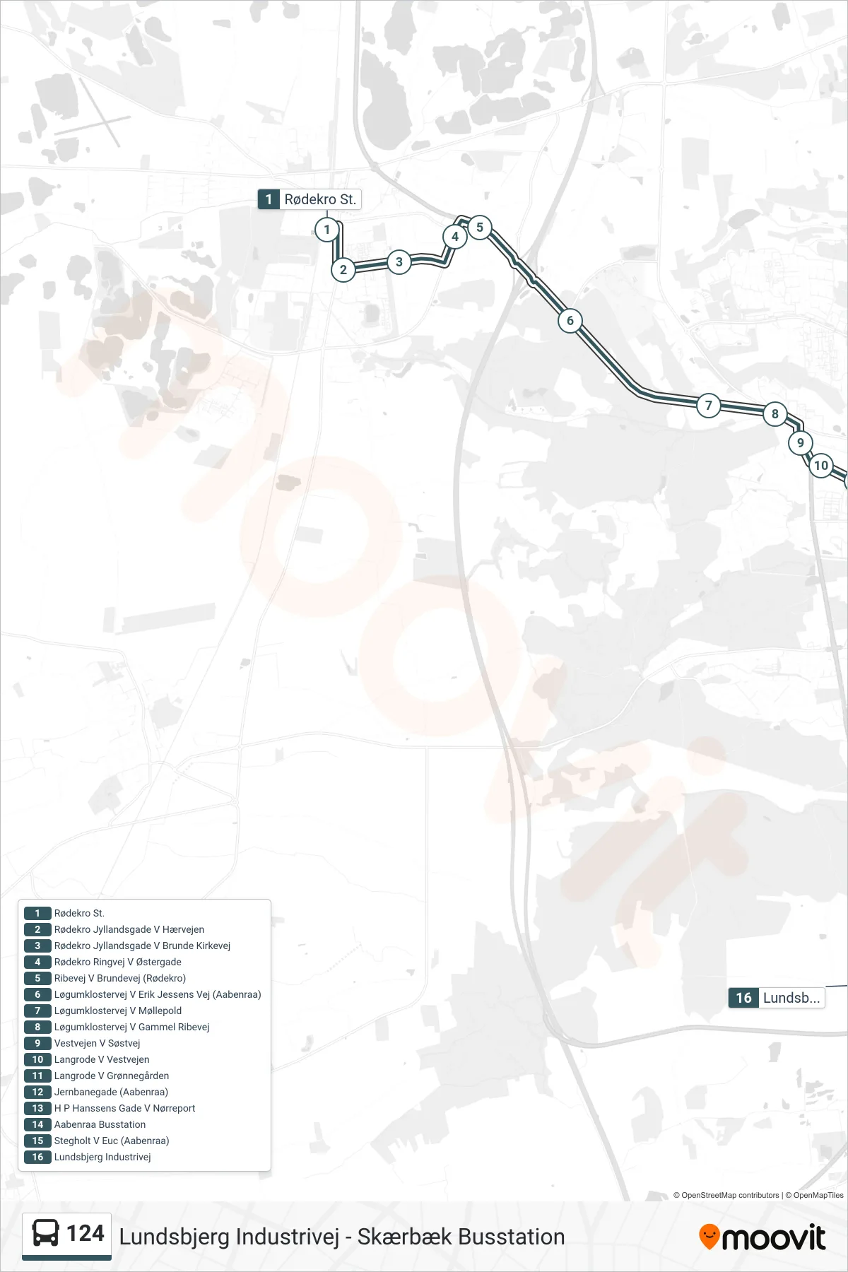 124 bus Linje (Lundsbjerg Industrivej) rute og stop på et kort