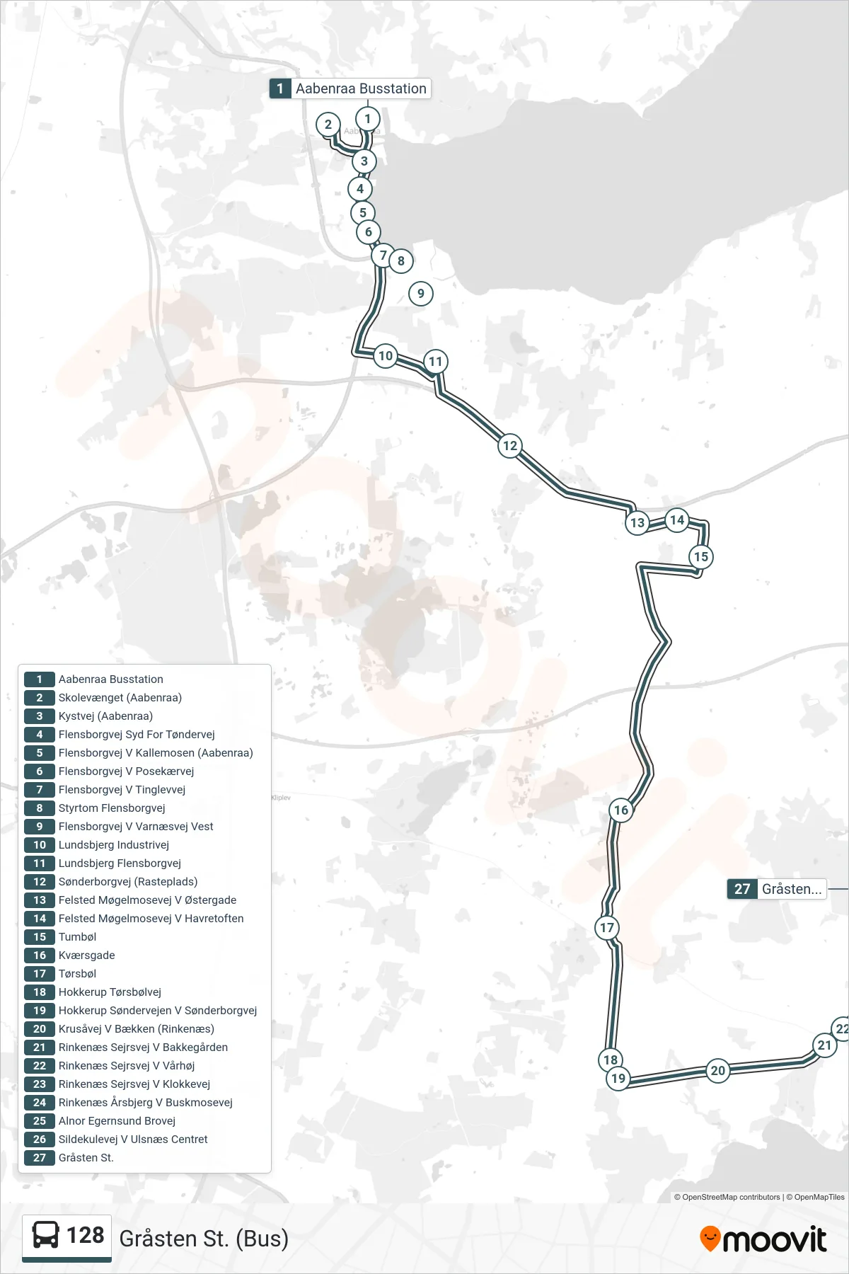 128 bus Linje (Gråsten St. (Bus)) rute og stop på et kort