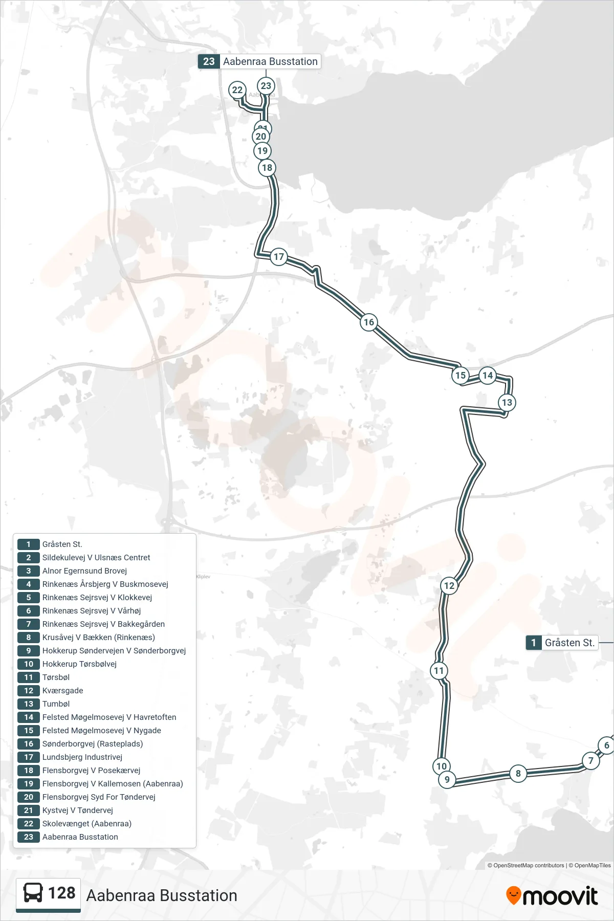 128 bus Linje (Aabenraa Busstation) rute og stop på et kort
