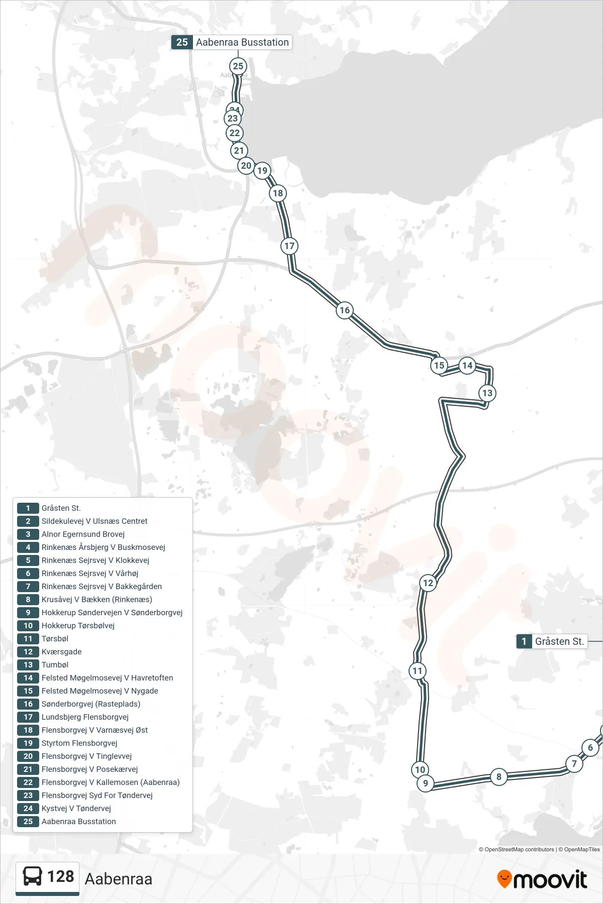 128 bus Linje (Aabenraa) rute og stop på et kort