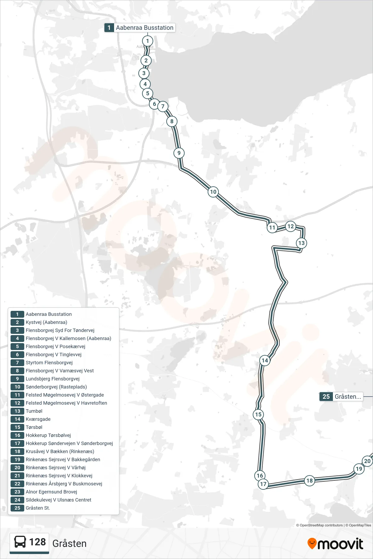 128 bus Linje (Gråsten) rute og stop på et kort