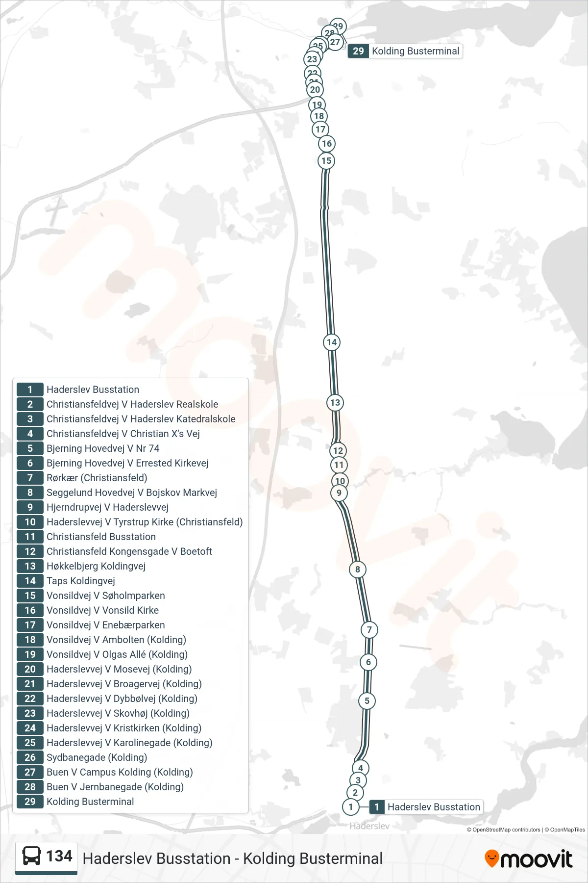 134 bus Linje (Kolding Busterminal) rute og stop på et kort