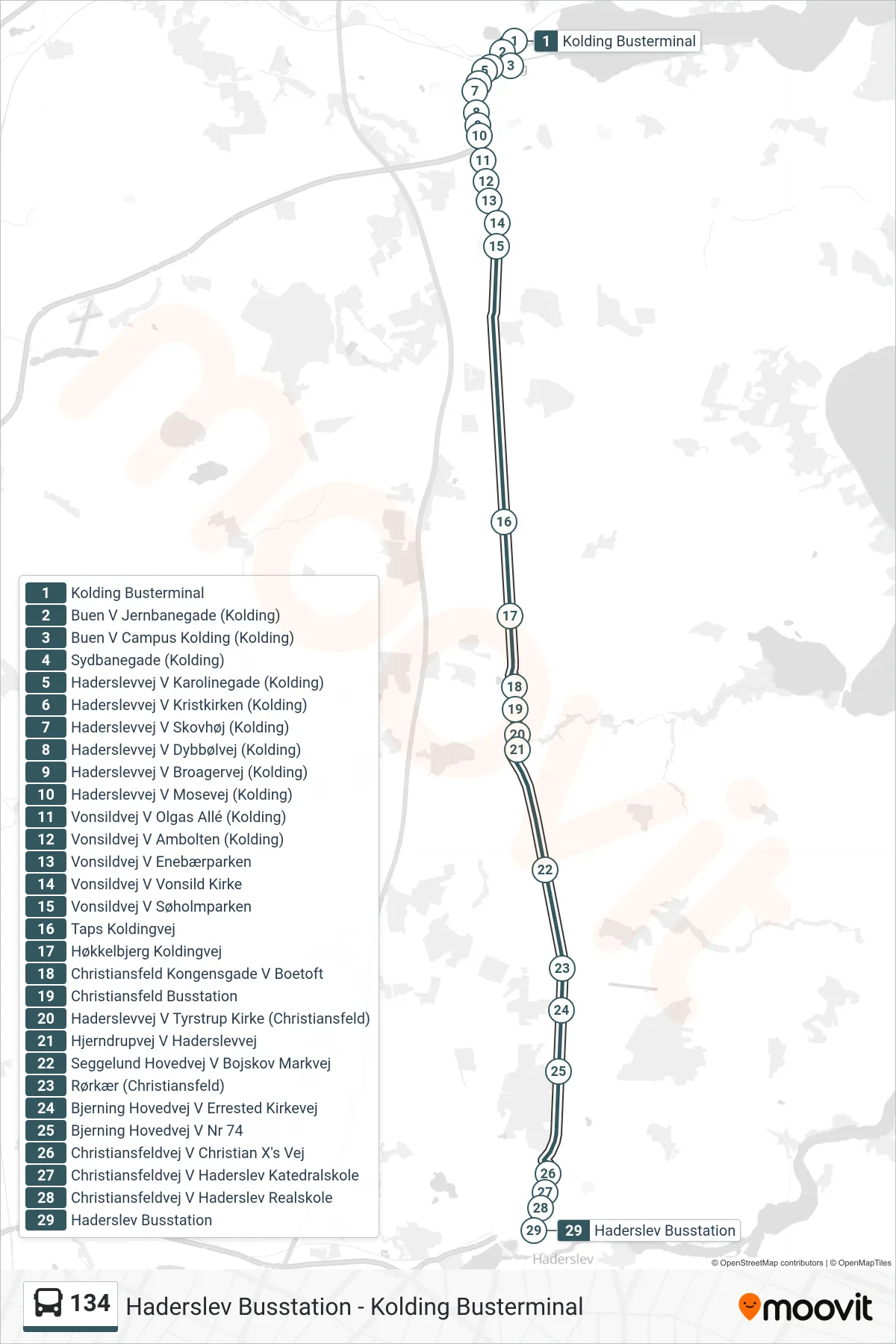 134 bus Linje (Haderslev Busstation) rute og stop på et kort