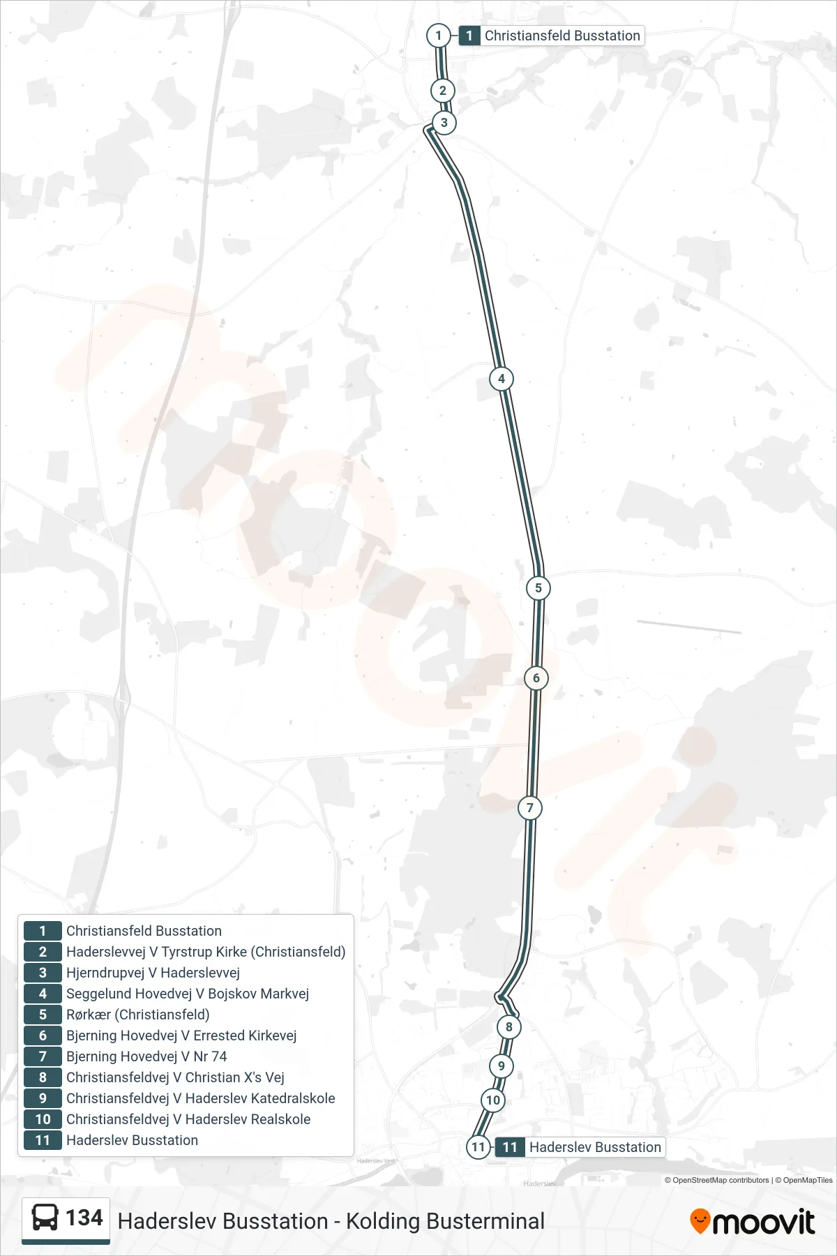134 bus Linje (Haderslev) rute og stop på et kort