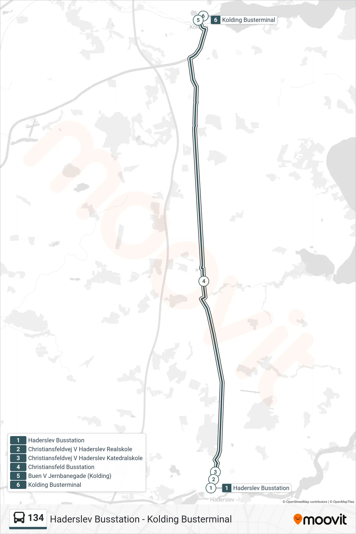 134 bus Linje (Kolding Via Christiansfeld) rute og stop på et kort