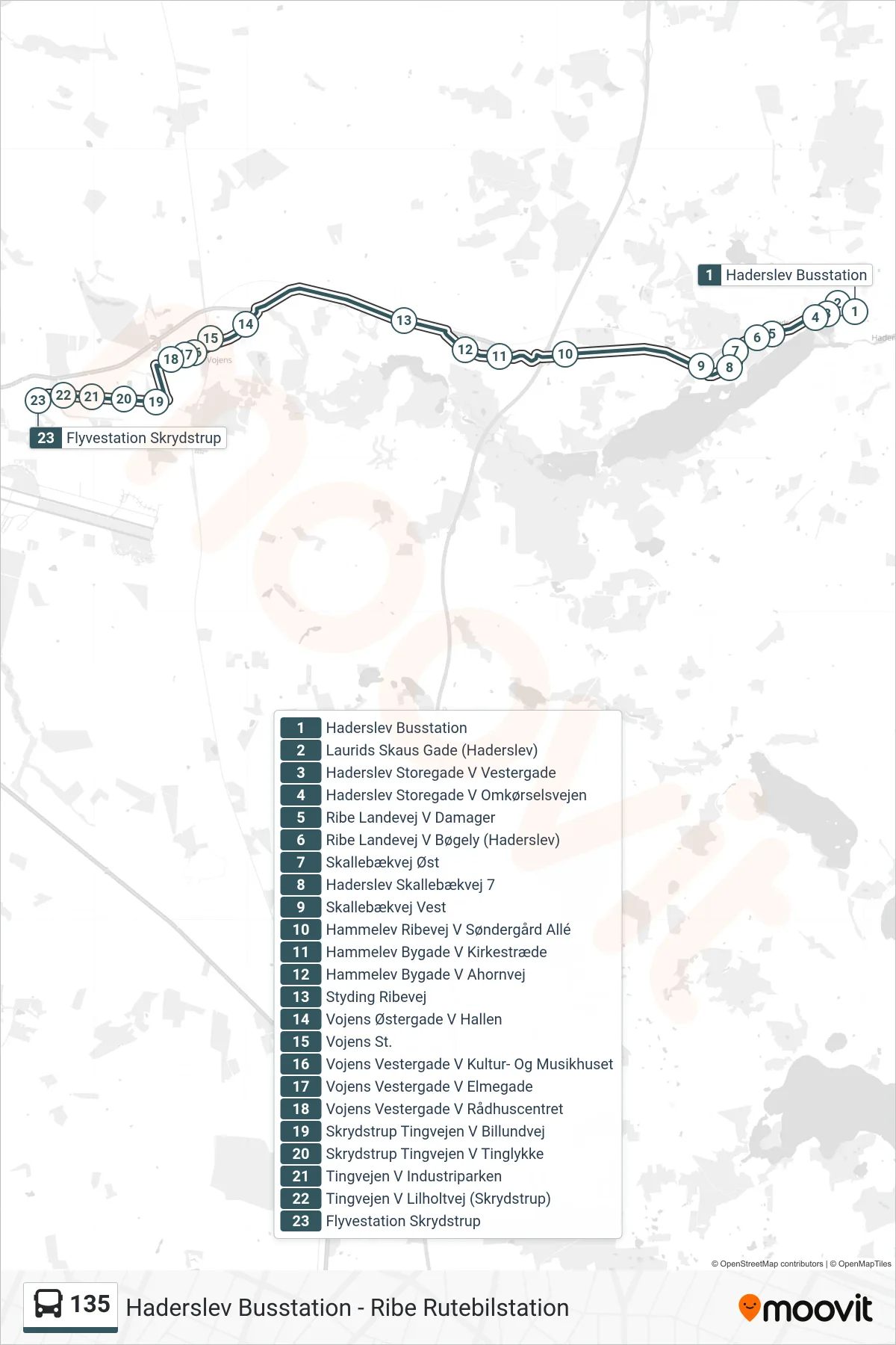 135 bus Linje (Flyvestation Skrydstrup) rute og stop på et kort