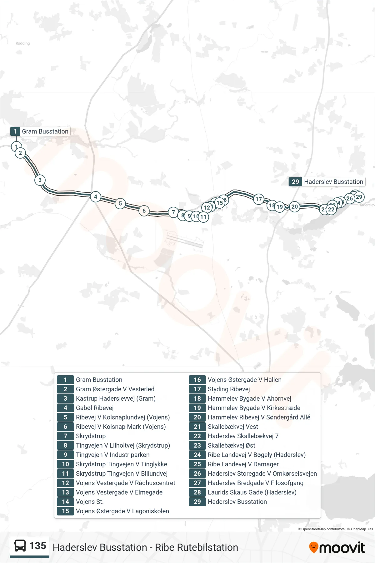 135 bus Linje (Haderslev Busstation) rute og stop på et kort