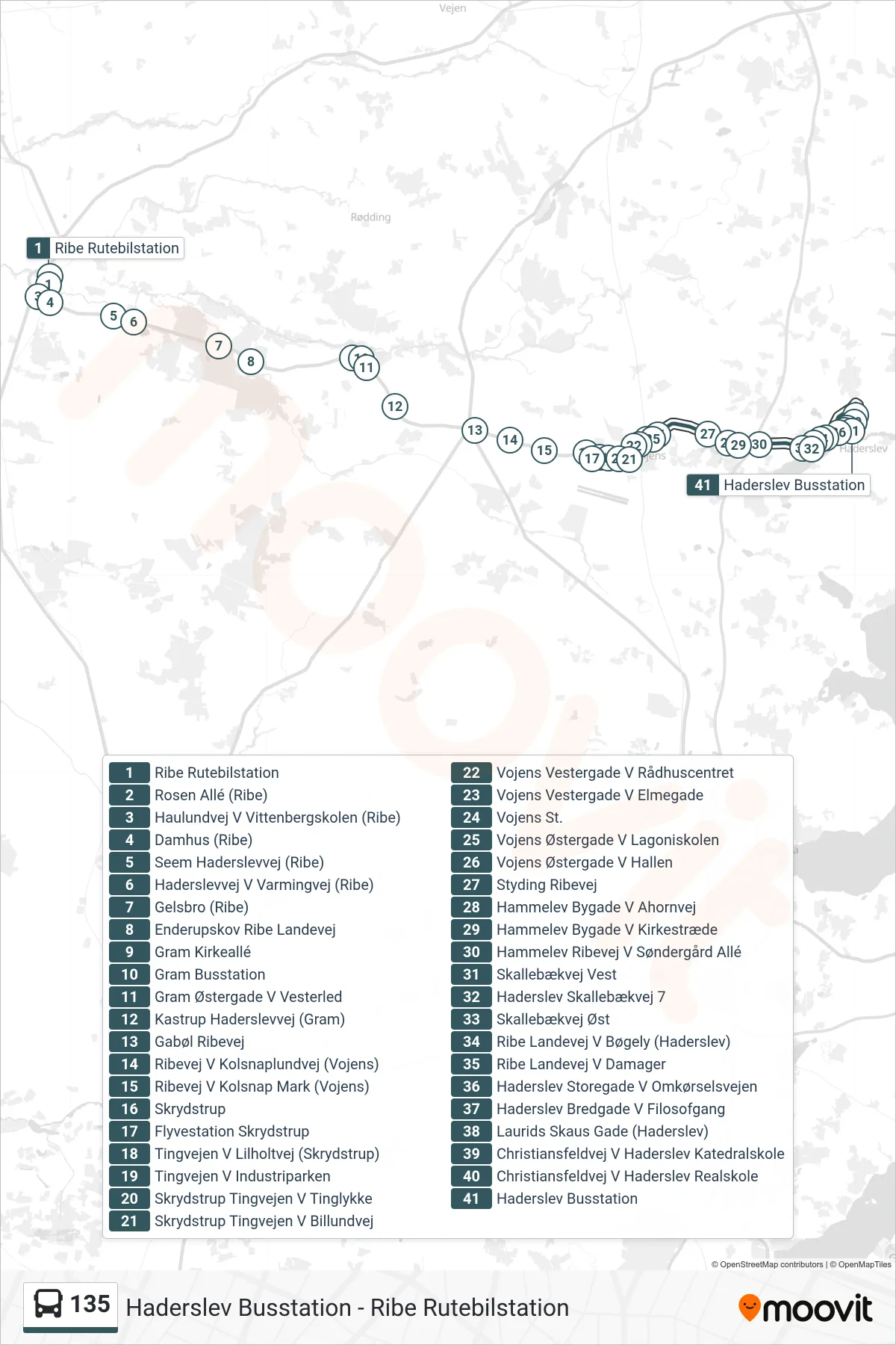 135 bus Linje (Haderslev) rute og stop på et kort