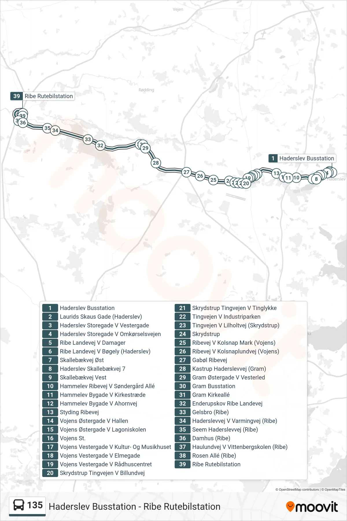 135 bus Linje (Ribe) rute og stop på et kort