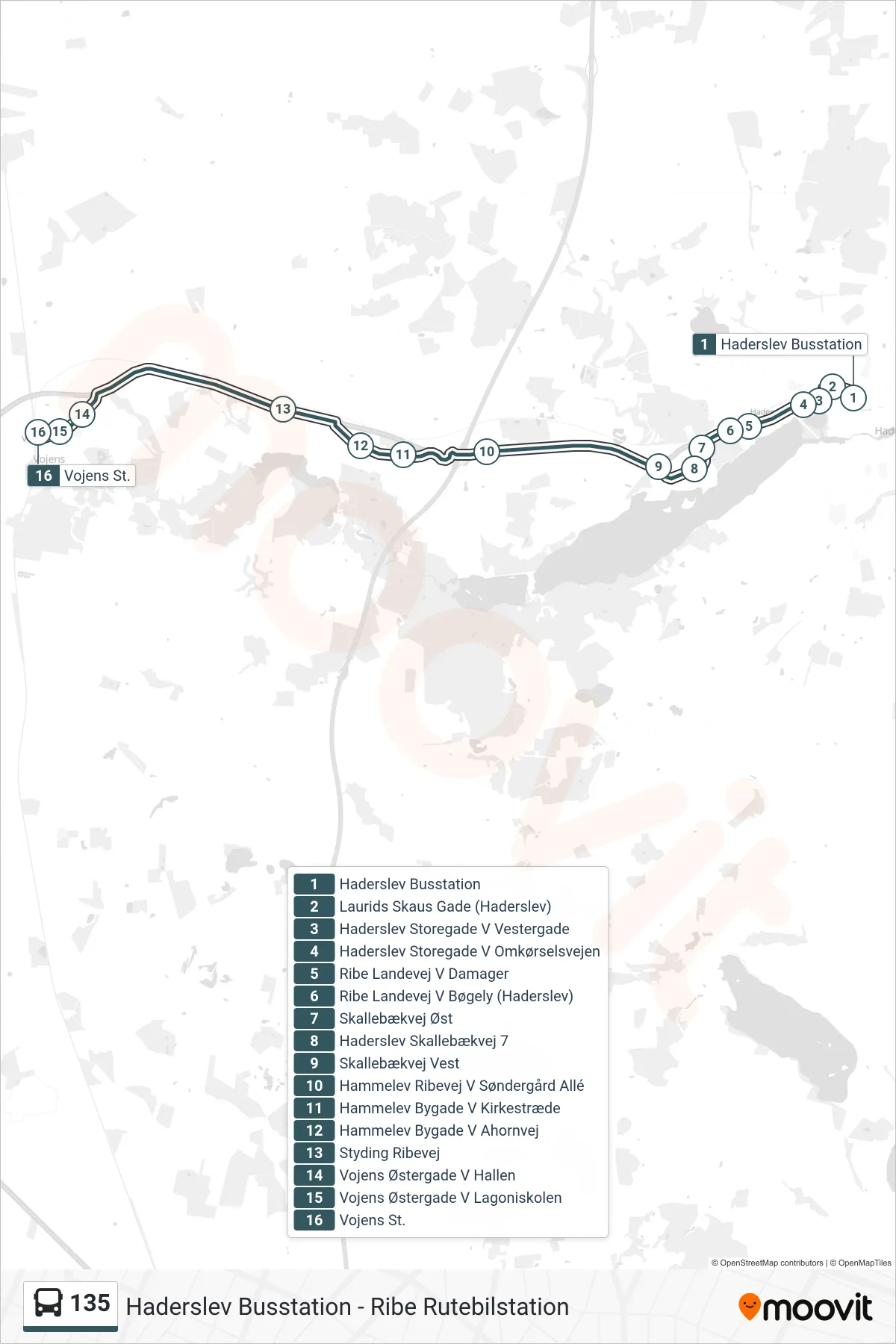 135 bus Linje (Vojens) rute og stop på et kort