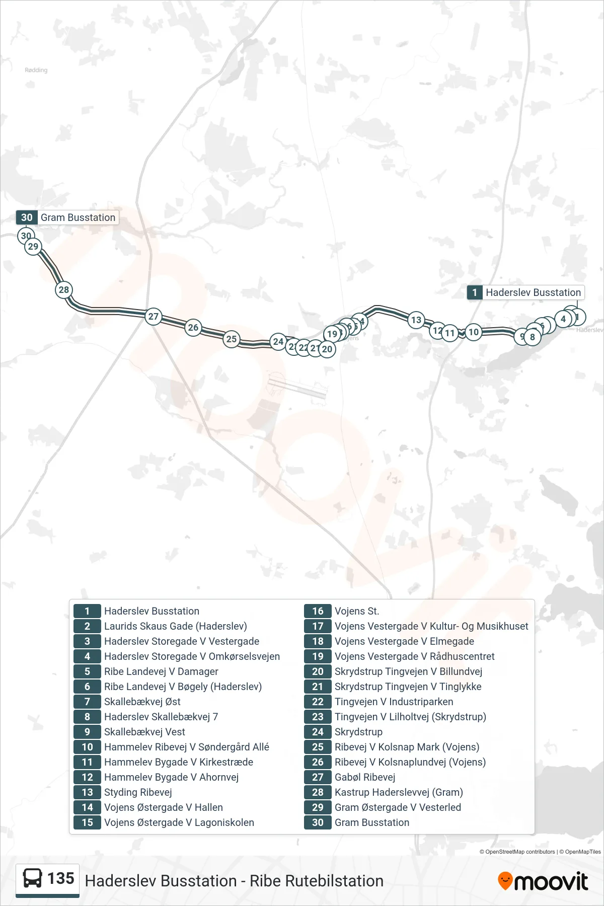 135 bus Linje (Gram) rute og stop på et kort