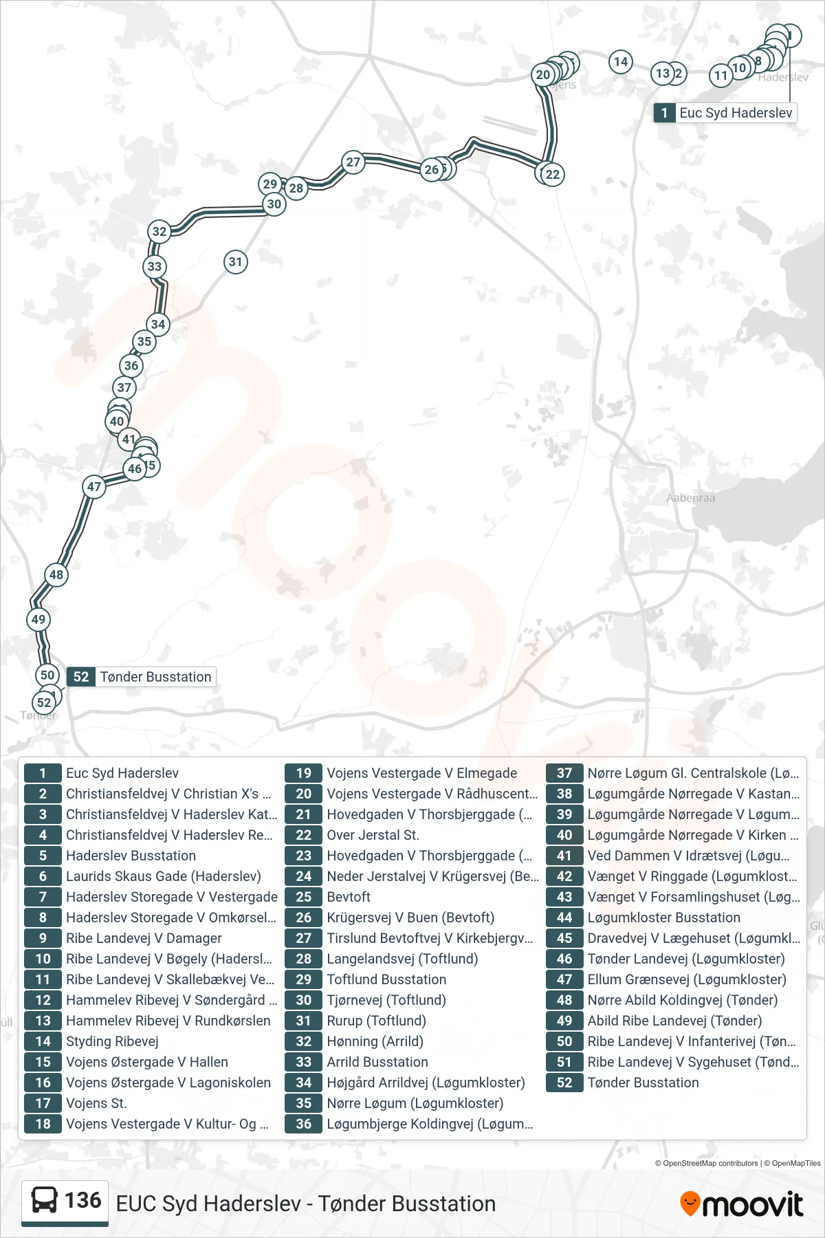 136 bus Linje (Tønder Busstation) rute og stop på et kort