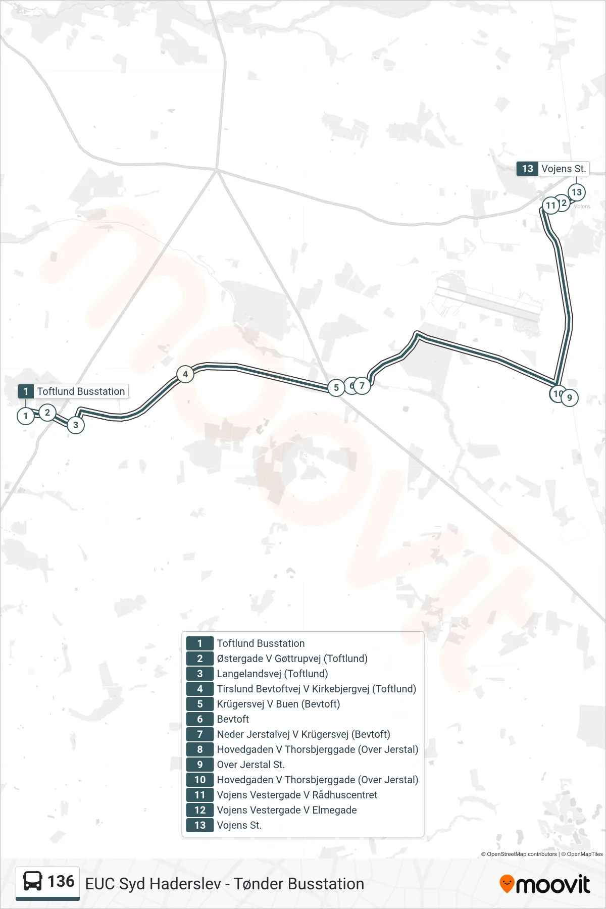 136 bus Linje (Vojens St. (Bus)) rute og stop på et kort