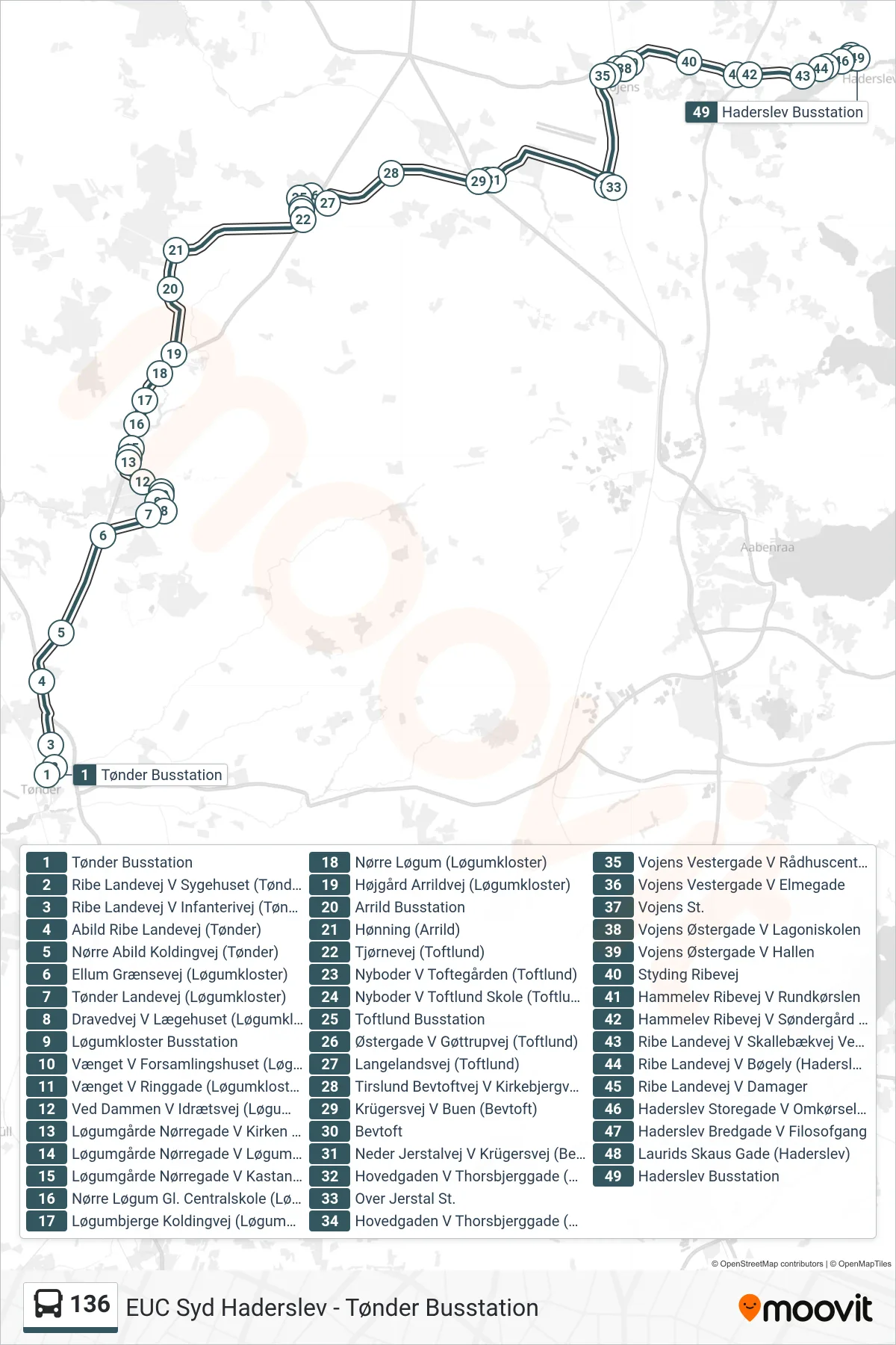 136 bus Linje (Haderslev) rute og stop på et kort