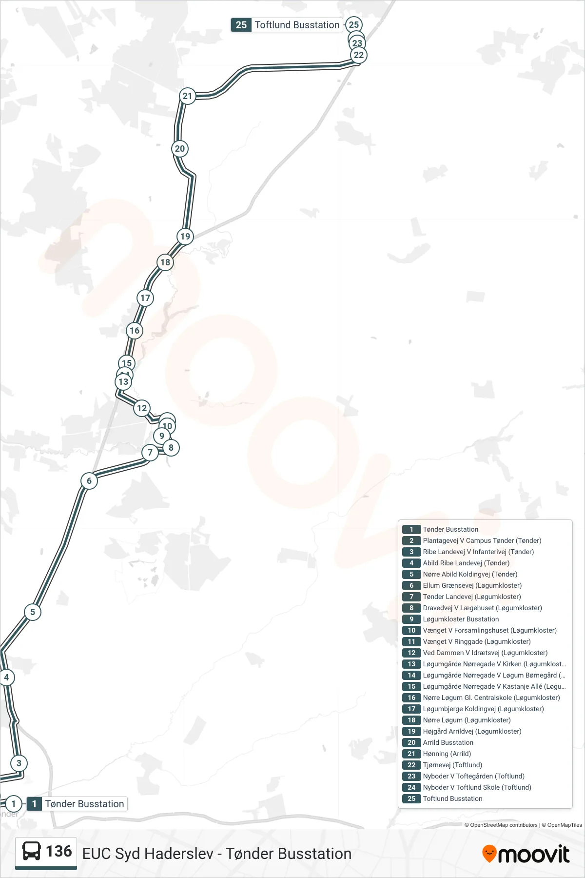 136 bus Linje (Toftlund) rute og stop på et kort