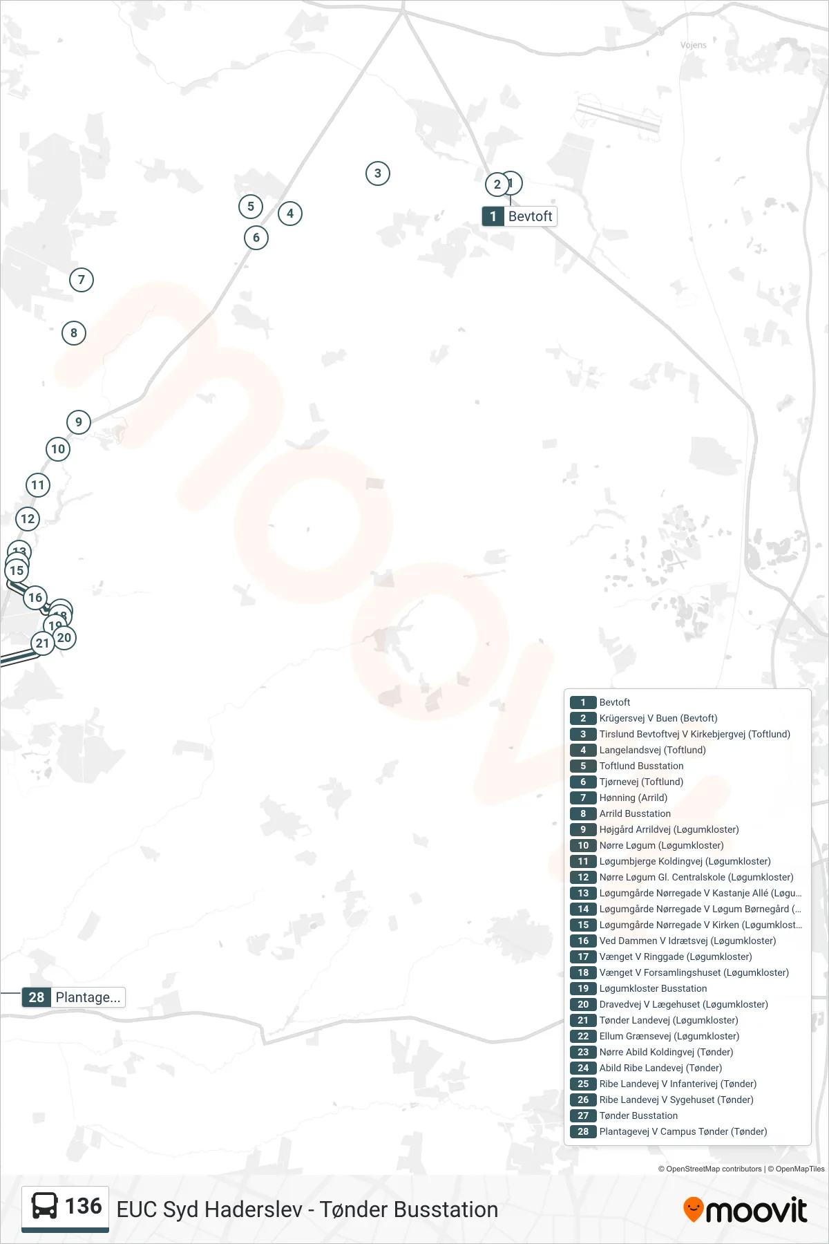 136 bus Linje (Plantagevej V Campus Tønder (Tønder)) rute og stop på et kort