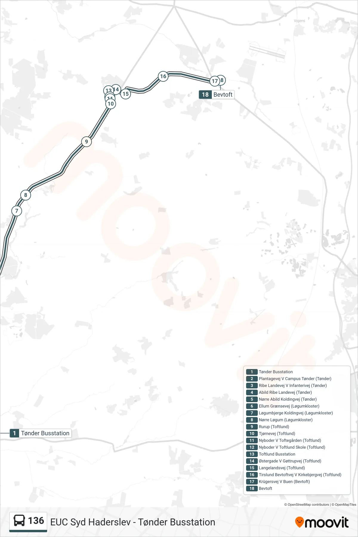 136 bus Linje (Bevtoft) rute og stop på et kort
