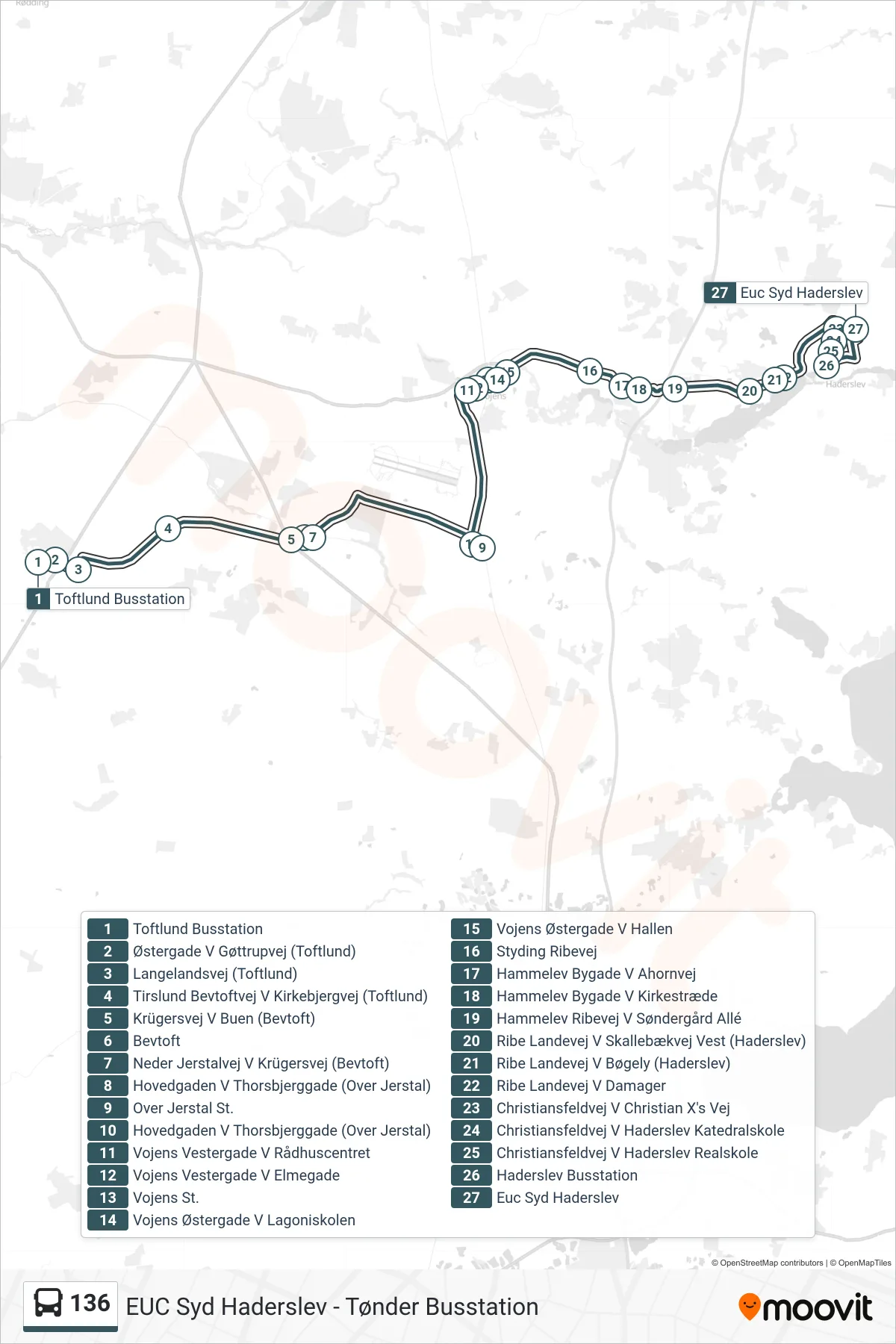 136 bus Linje (Euc Syd Haderslev) rute og stop på et kort