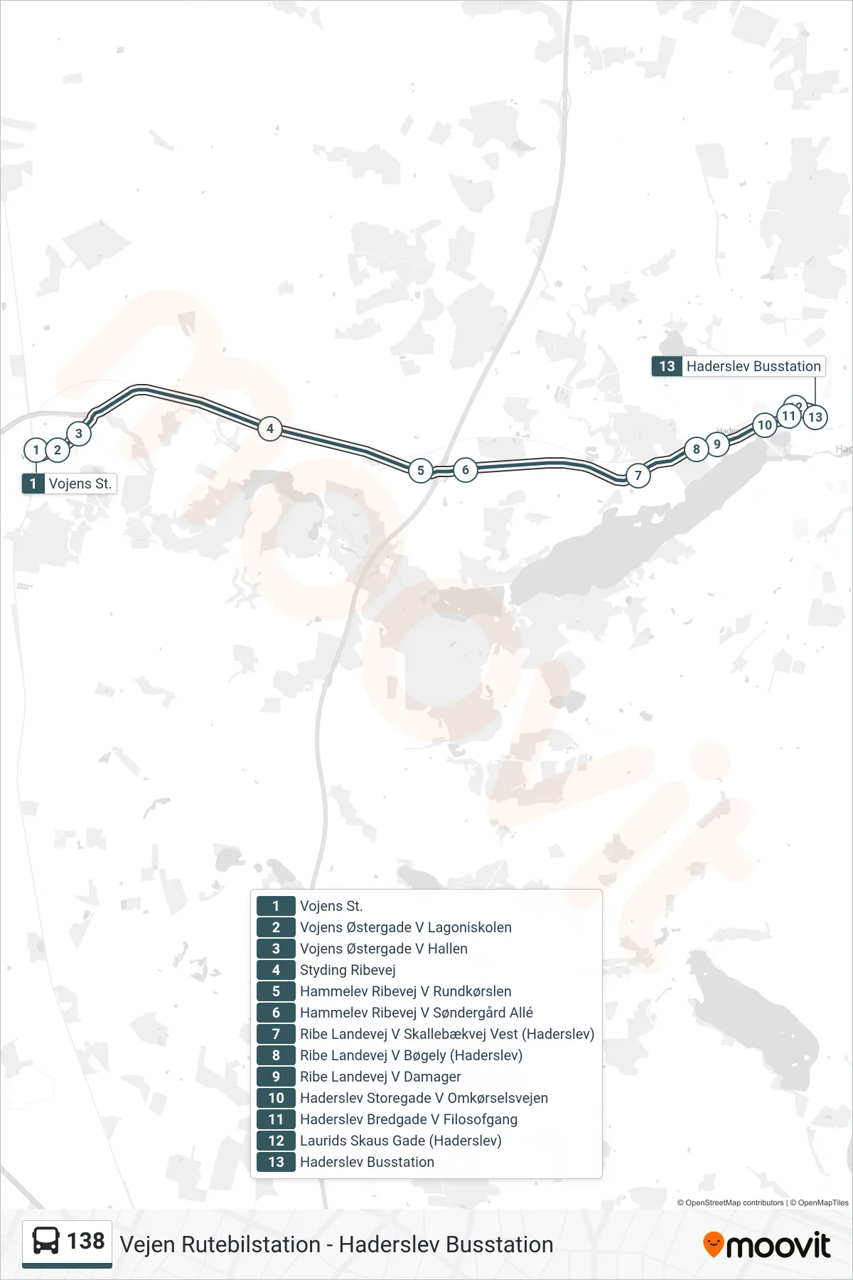 138 bus Linje (Haderslev) rute og stop på et kort