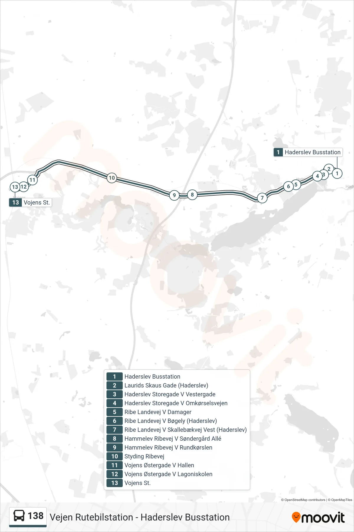 138 bus Linje (Vojens) rute og stop på et kort