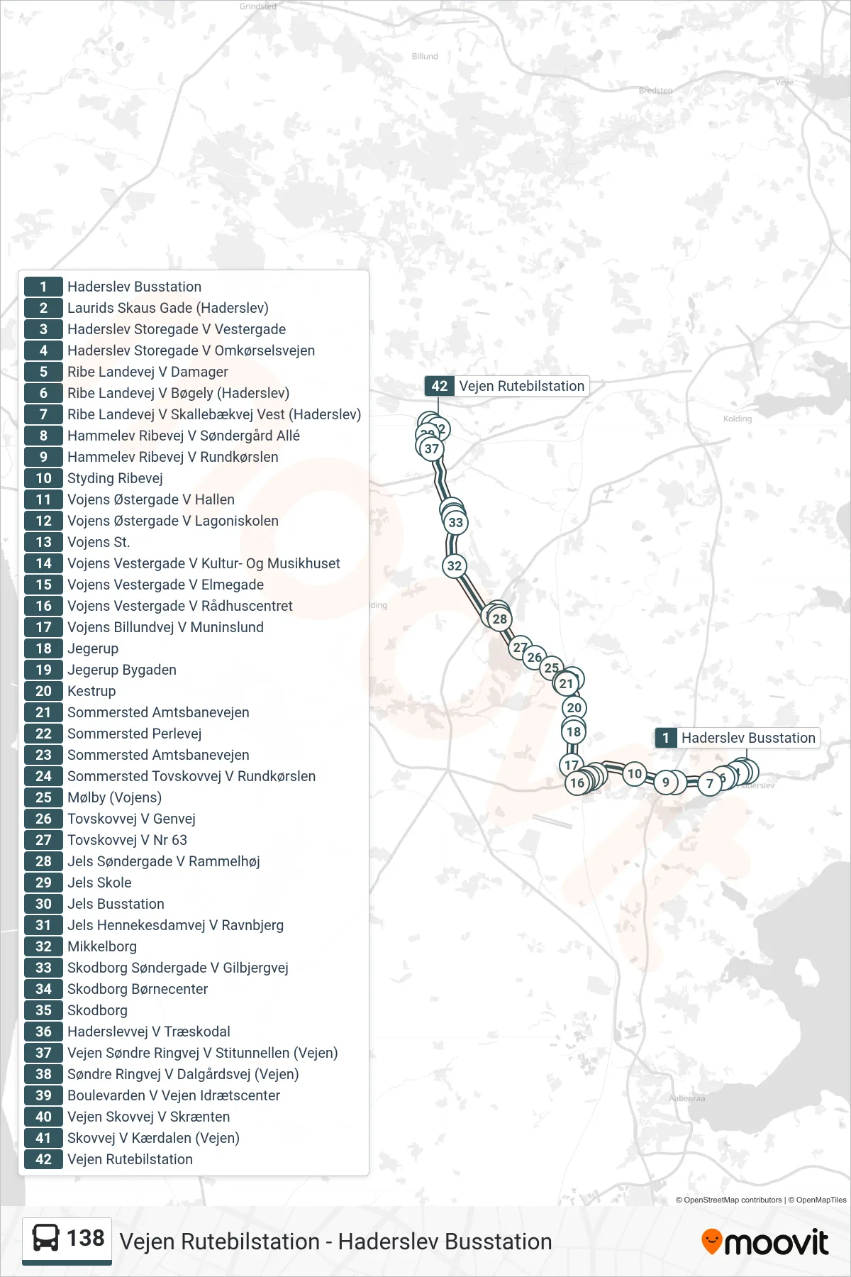 138 bus Linje (Vejen Via Vojens) rute og stop på et kort
