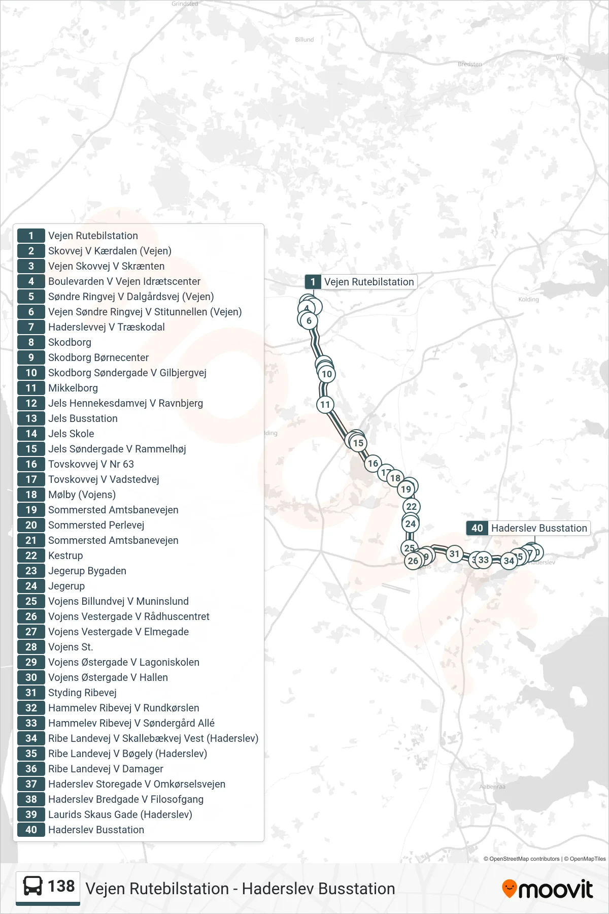138 bus Linje (Haderslev Via Vojens) rute og stop på et kort