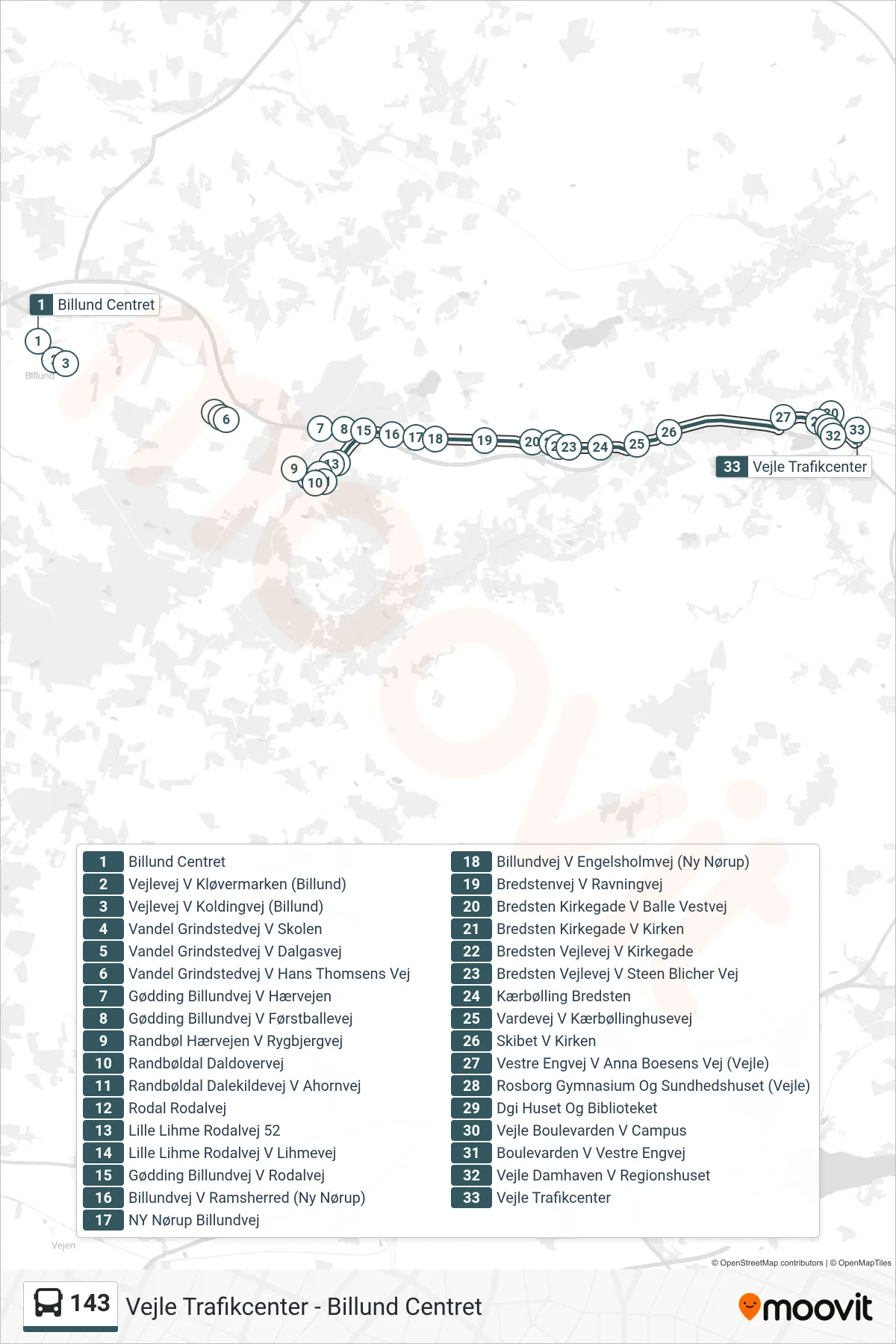 143 bus Linje (Vejle) rute og stop på et kort