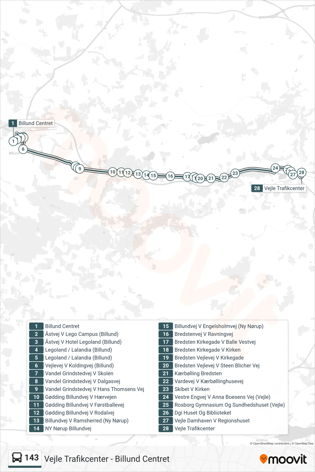 143 bus Linje (Vejle Trafikcenter) rute og stop på et kort