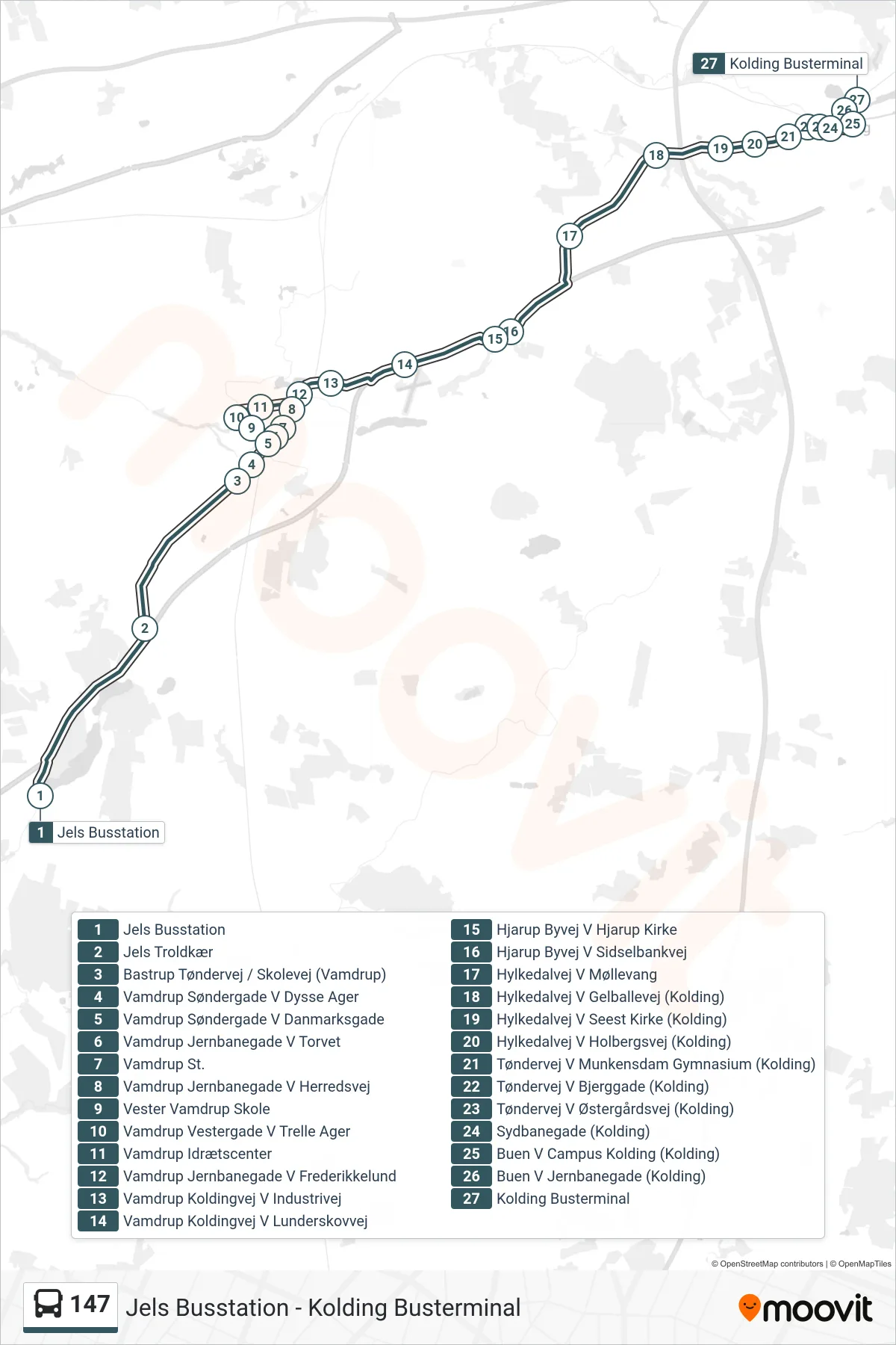 147 bus Linje (Kolding Busterminal) rute og stop på et kort