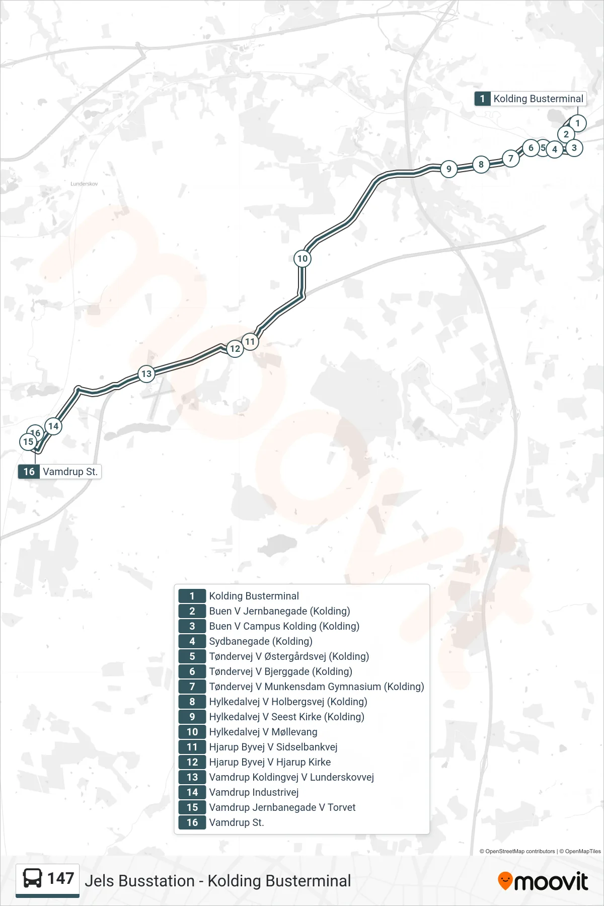 147 bus Linje (Vamdrup) rute og stop på et kort