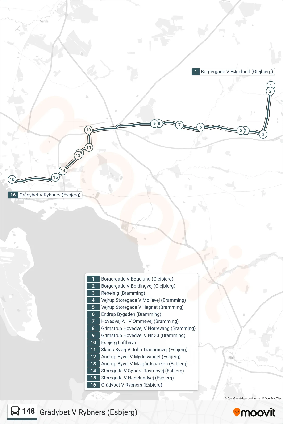 148 bus Linje (Grådybet V Rybners (Esbjerg)) rute og stop på et kort