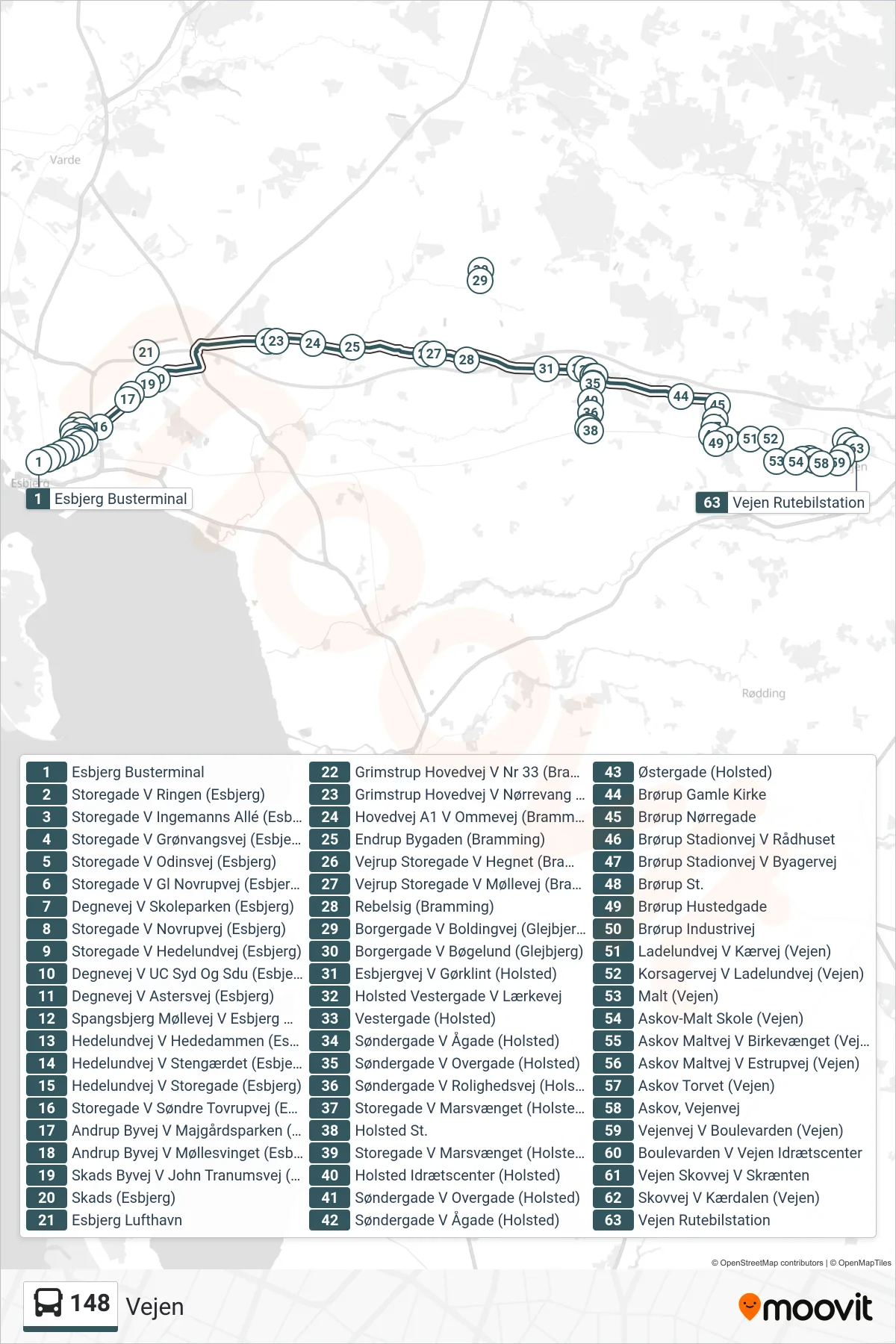 148 bus Linje (Vejen) rute og stop på et kort