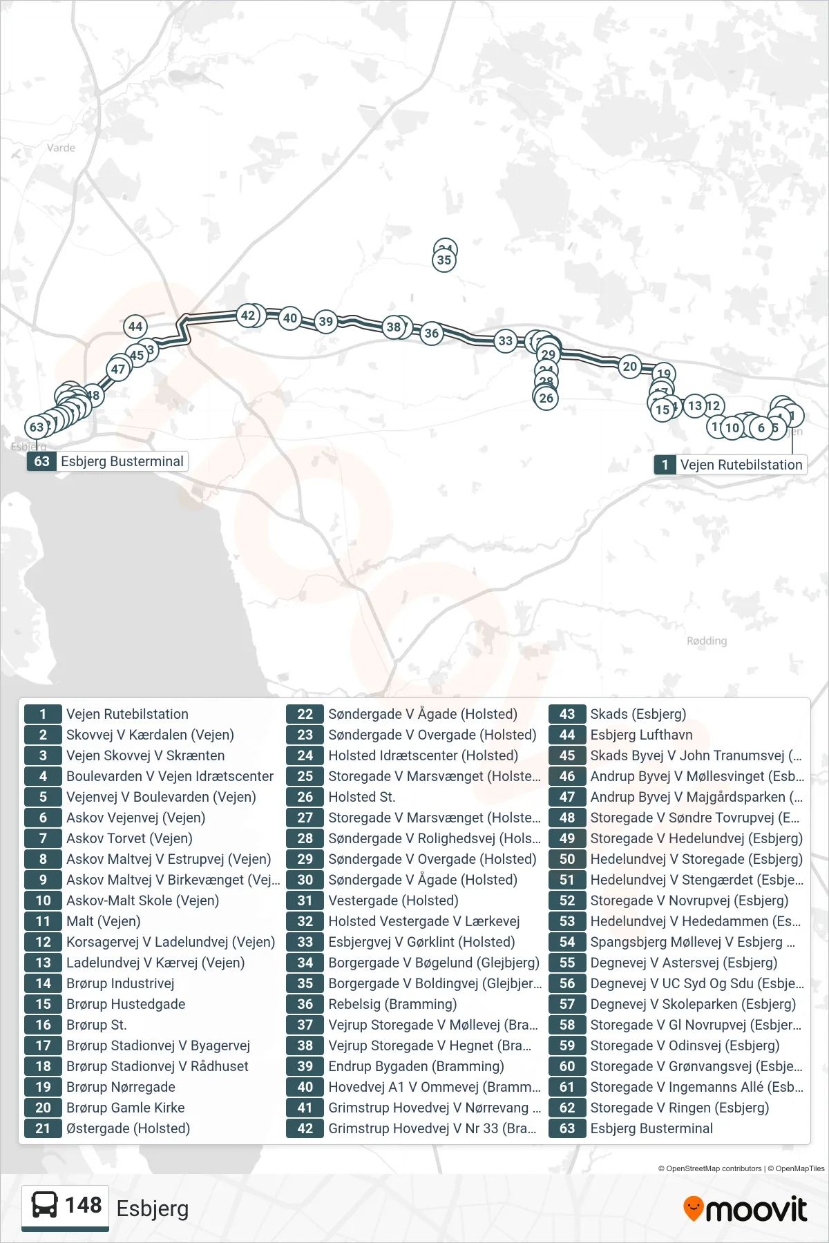 148 bus Linje (Esbjerg) rute og stop på et kort