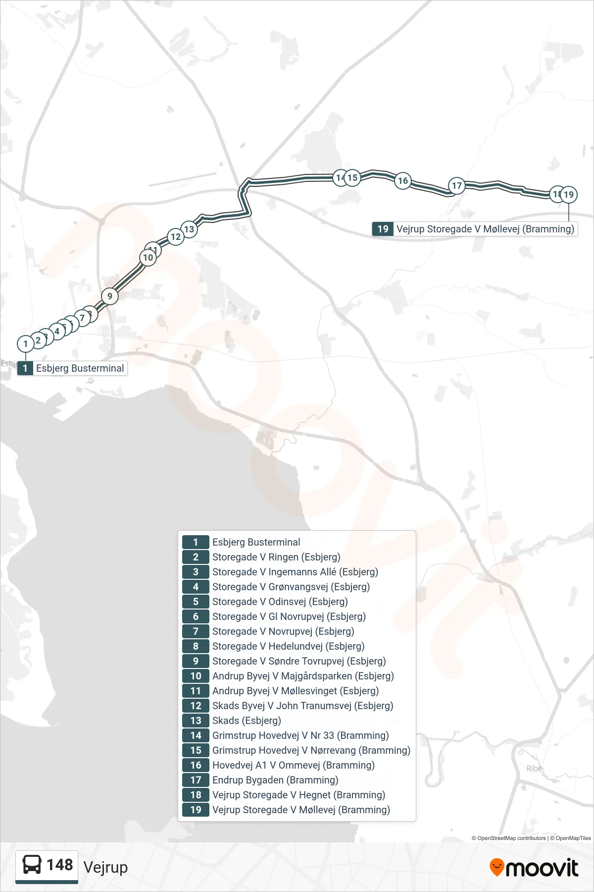 148 bus Linje (Vejrup) rute og stop på et kort