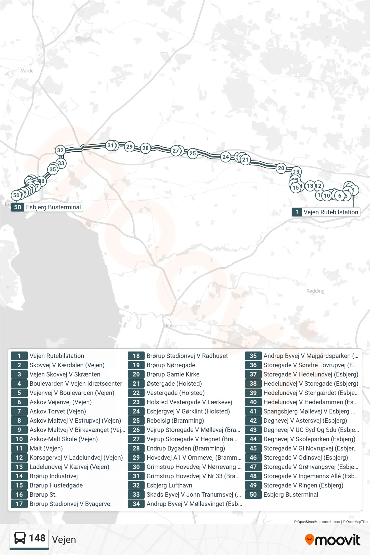 148 bus Linje (Vejen) rute og stop på et kort