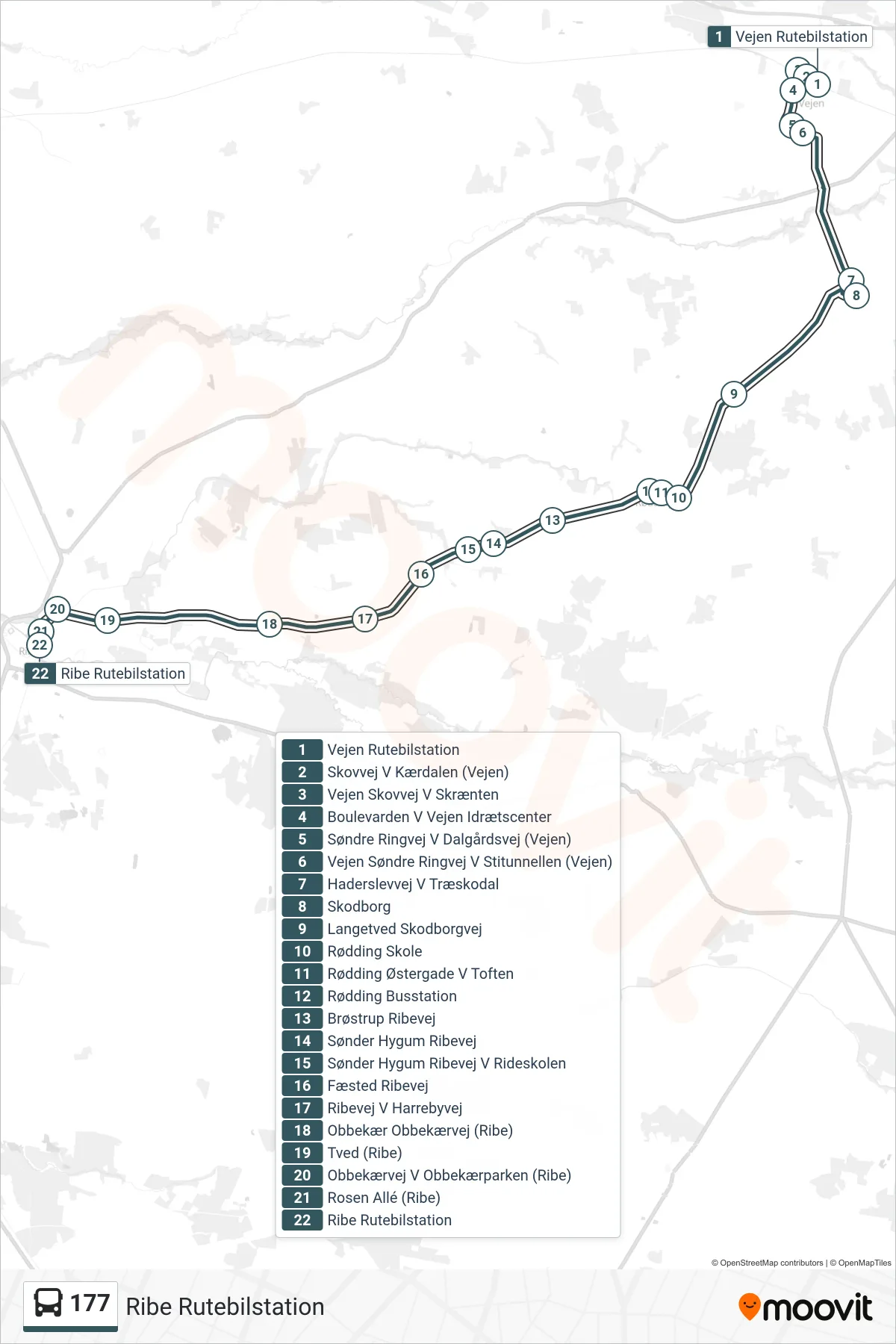 177 bus Linje (Ribe Rutebilstation) rute og stop på et kort