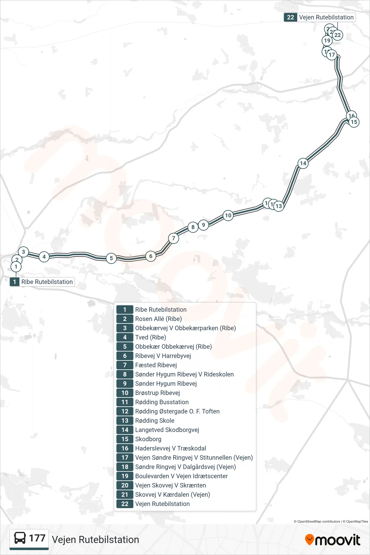 177 bus Linje (Vejen Rutebilstation) rute og stop på et kort