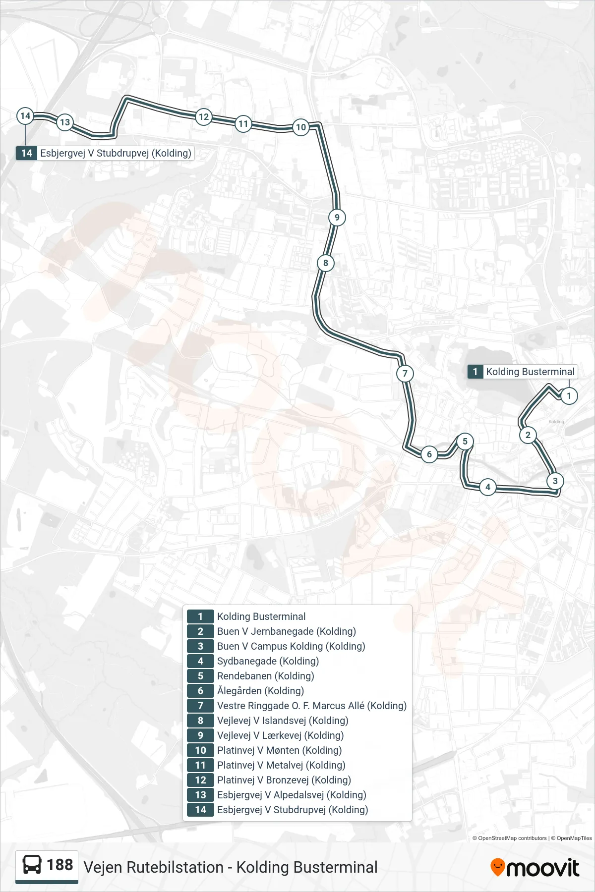 188 bus Linje (Esbjergvej V Stubdrupvej (Kolding)) rute og stop på et kort