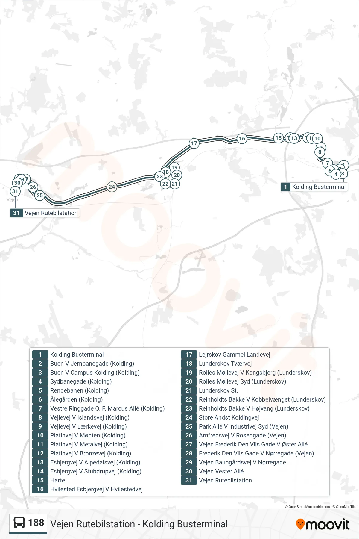 188 bus Linje (Vejen Rutebilstation) rute og stop på et kort
