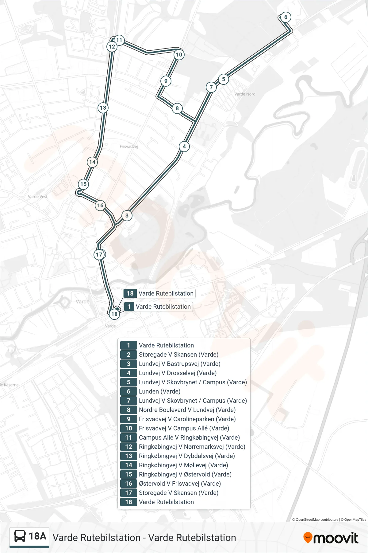 18A bus Linje (Varde Rutebilstation) rute og stop på et kort