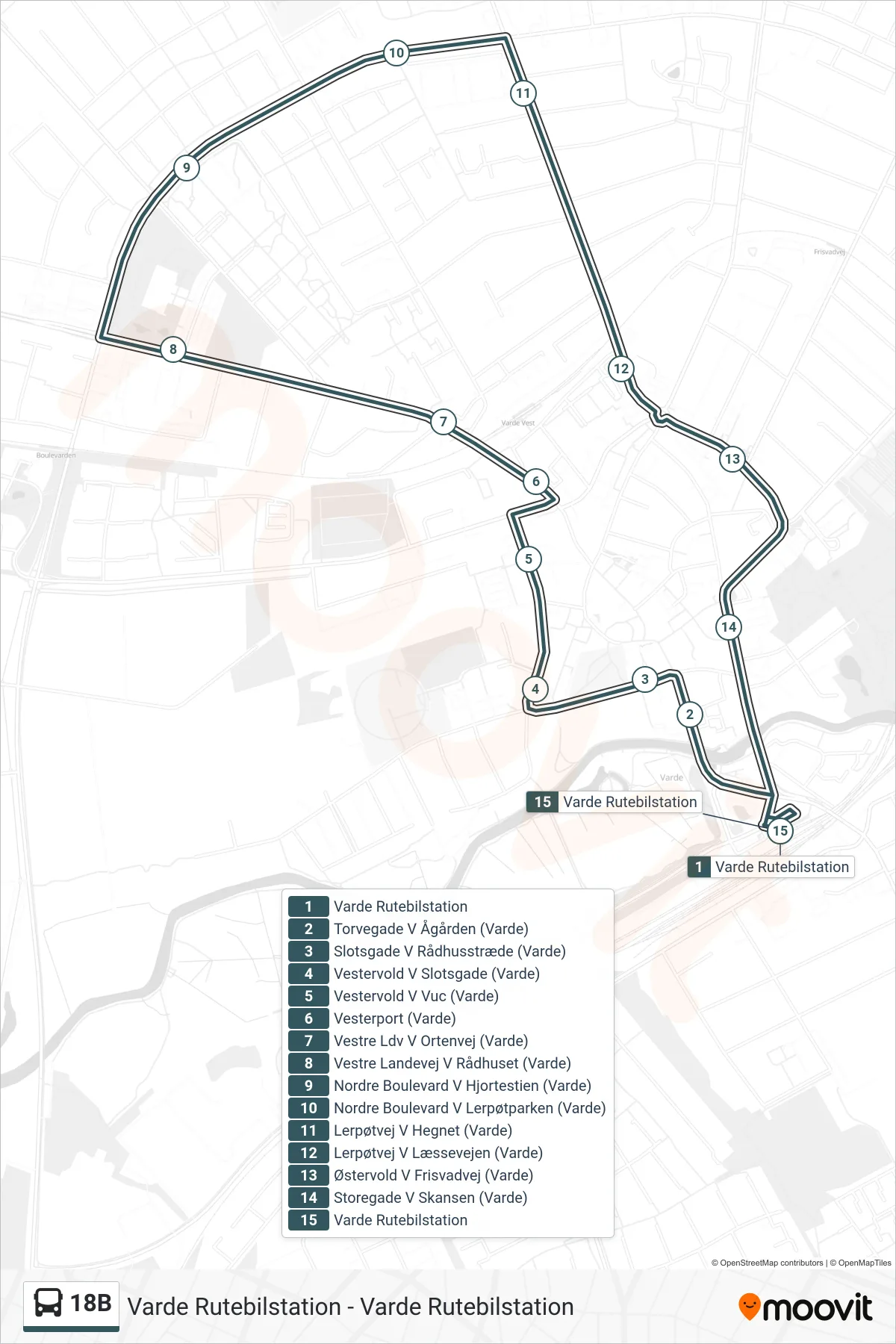 18B bus Linje (Varde Rutebilstation) rute og stop på et kort