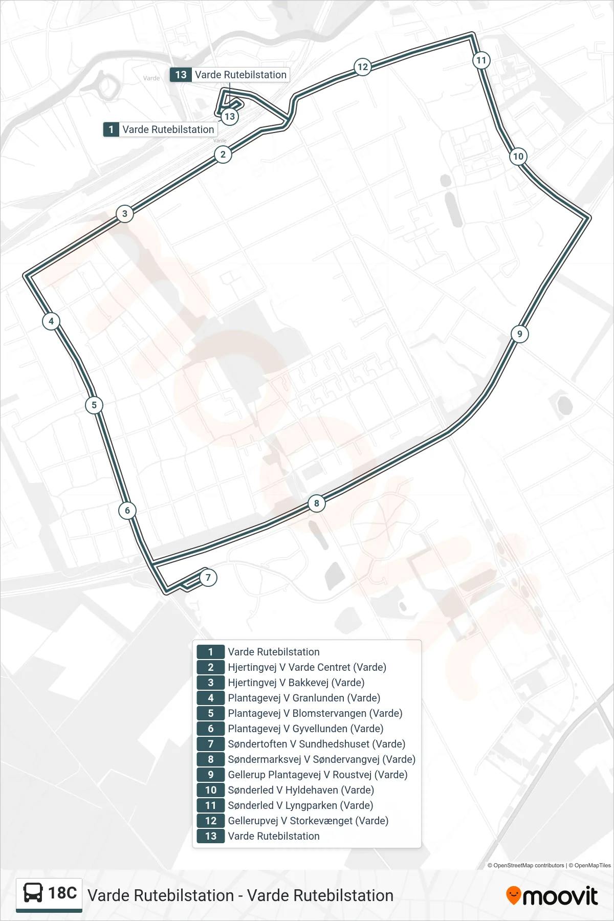 18C bus Linje (Varde Rutebilstation) rute og stop på et kort