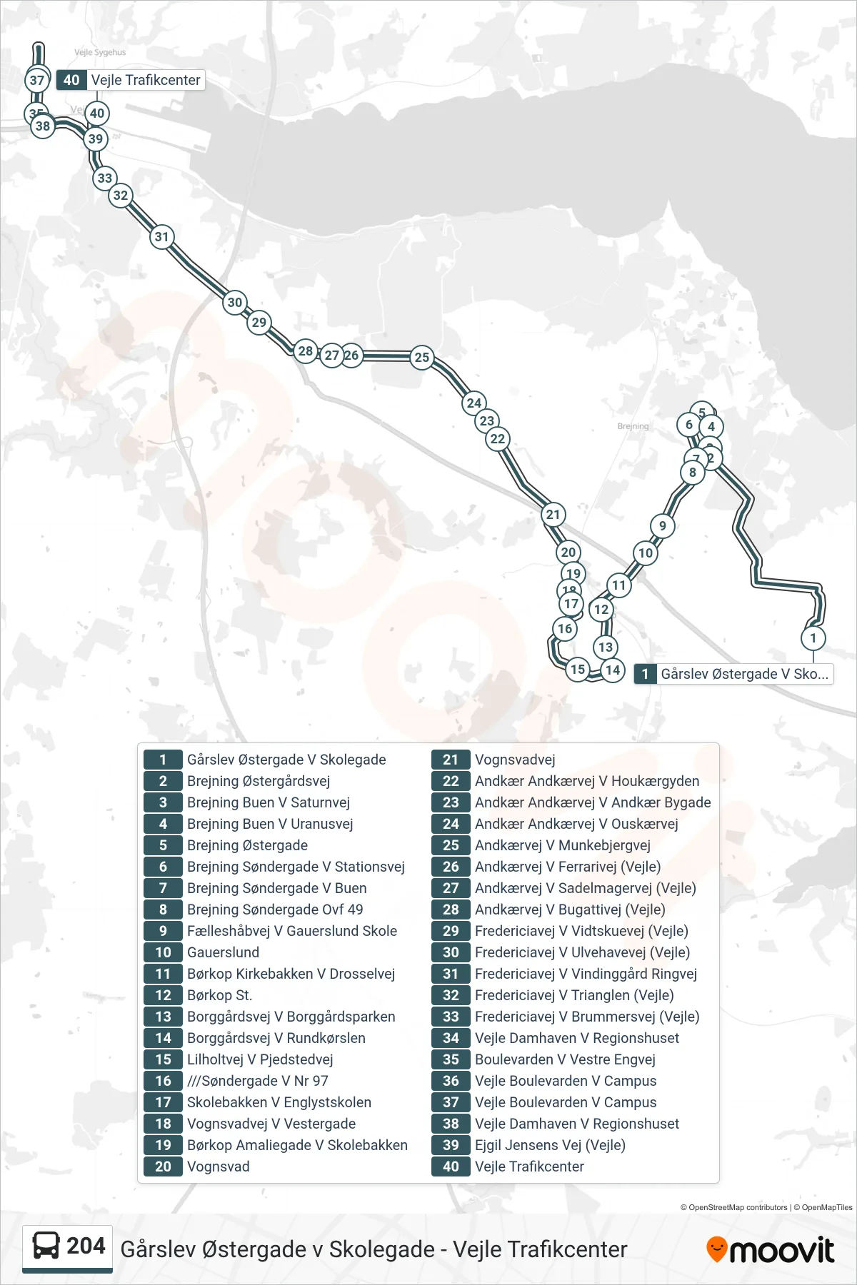 204 bus Linje (Gårslev Via Børkop Og Brejning) rute og stop på et kort