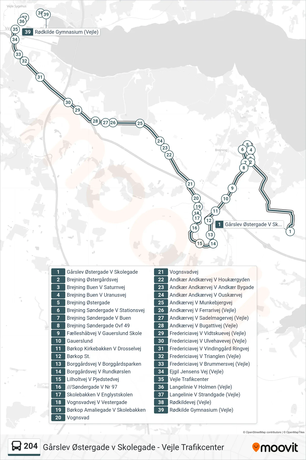 204 bus Linje (Vejle Trafikcenter Via Brejning Og Børkop) rute og stop på et kort