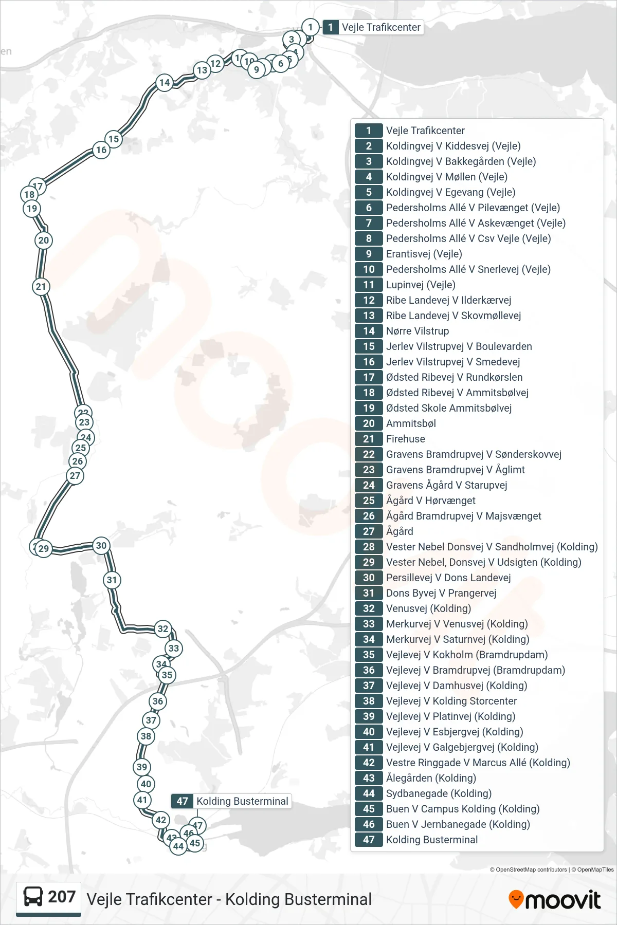 207 bus Line (Kolding) route and stops on a map