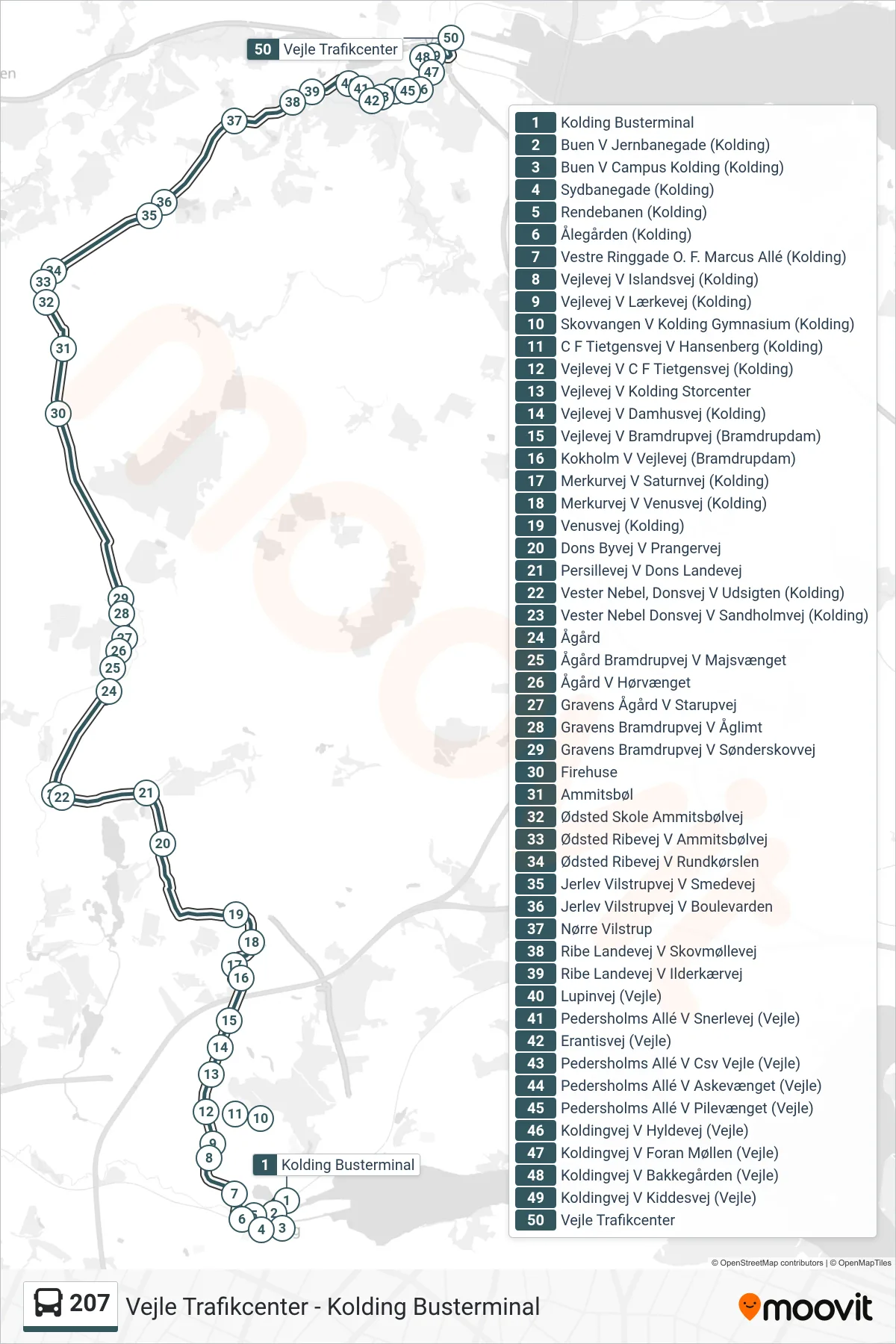 207 bus Linje (Vejle) rute og stop på et kort