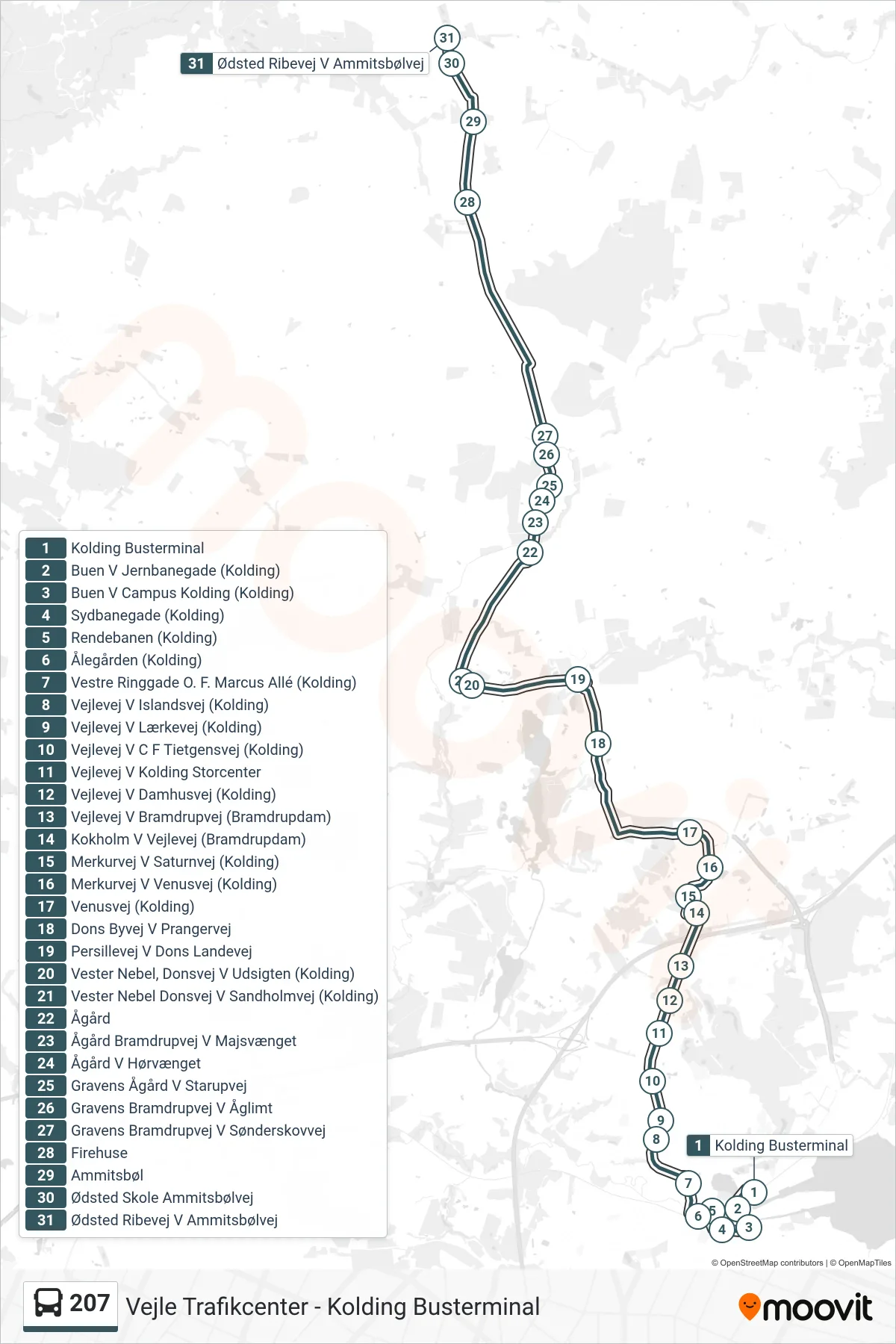 207 bus Linje (Ødsted) rute og stop på et kort