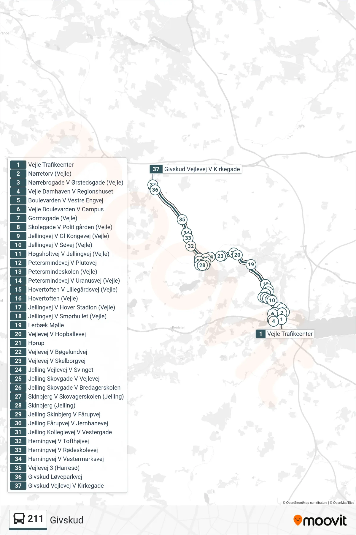 211 bus Linje (Givskud) rute og stop på et kort